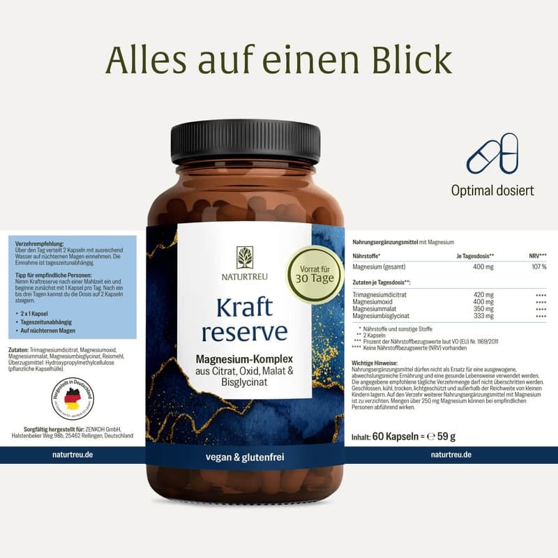 NATURTREU Kraftreserve Magnesium-Komplex aus Citrat, Oxid, Malat & Bisglycinat 60 Kapseln