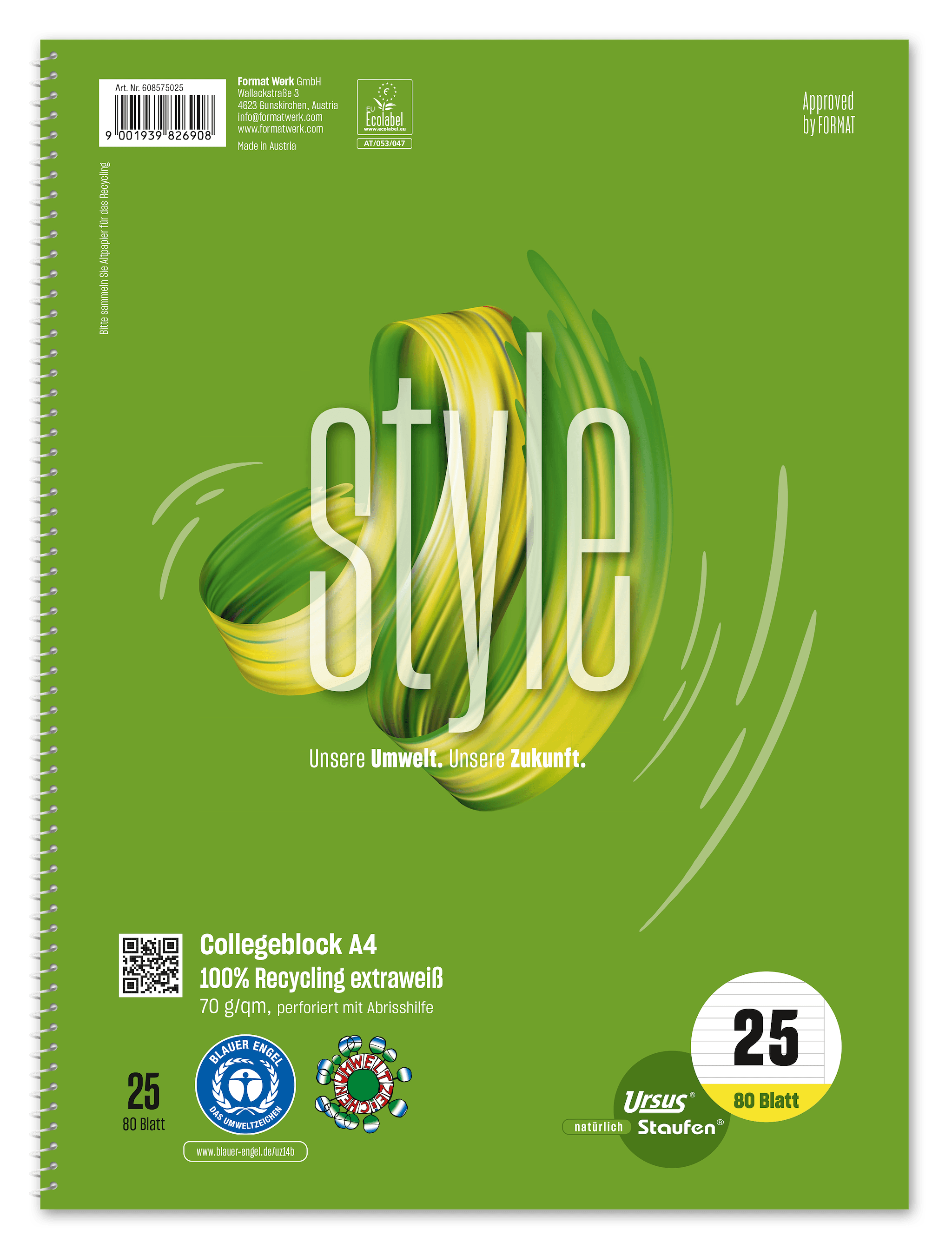 Style REC Collegeblock Lin25 A4 80 Blatt 70g/m² 9mm liniert mit Rand 4-Loch