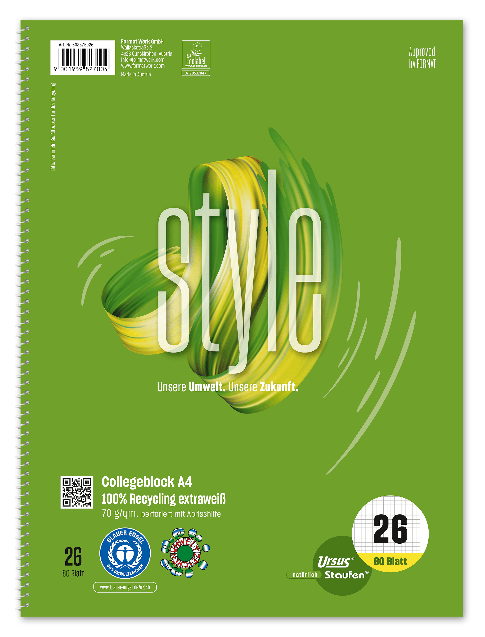 Style REC Collegeblock Lin26 A4 80 Blatt 70g/m² 5 mm kariert mit Rand 4-Loch