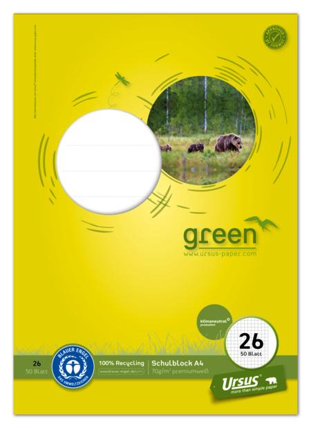 Ursus Green Schulblock Lineatur 26 A4 50 Blatt 5mm kariert mit Rand