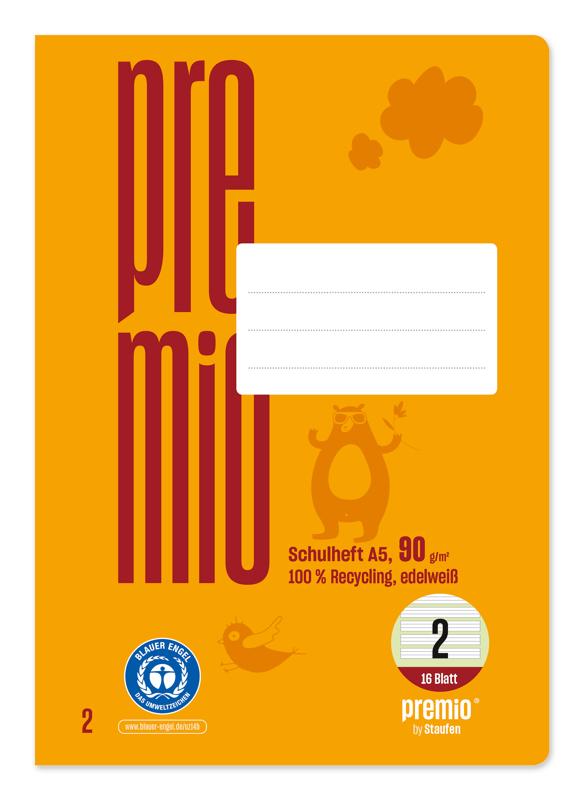 Premio Schulheft Lin2 A5 16 Blatt 90g/m² orange 4/4/4mm liniert farbig