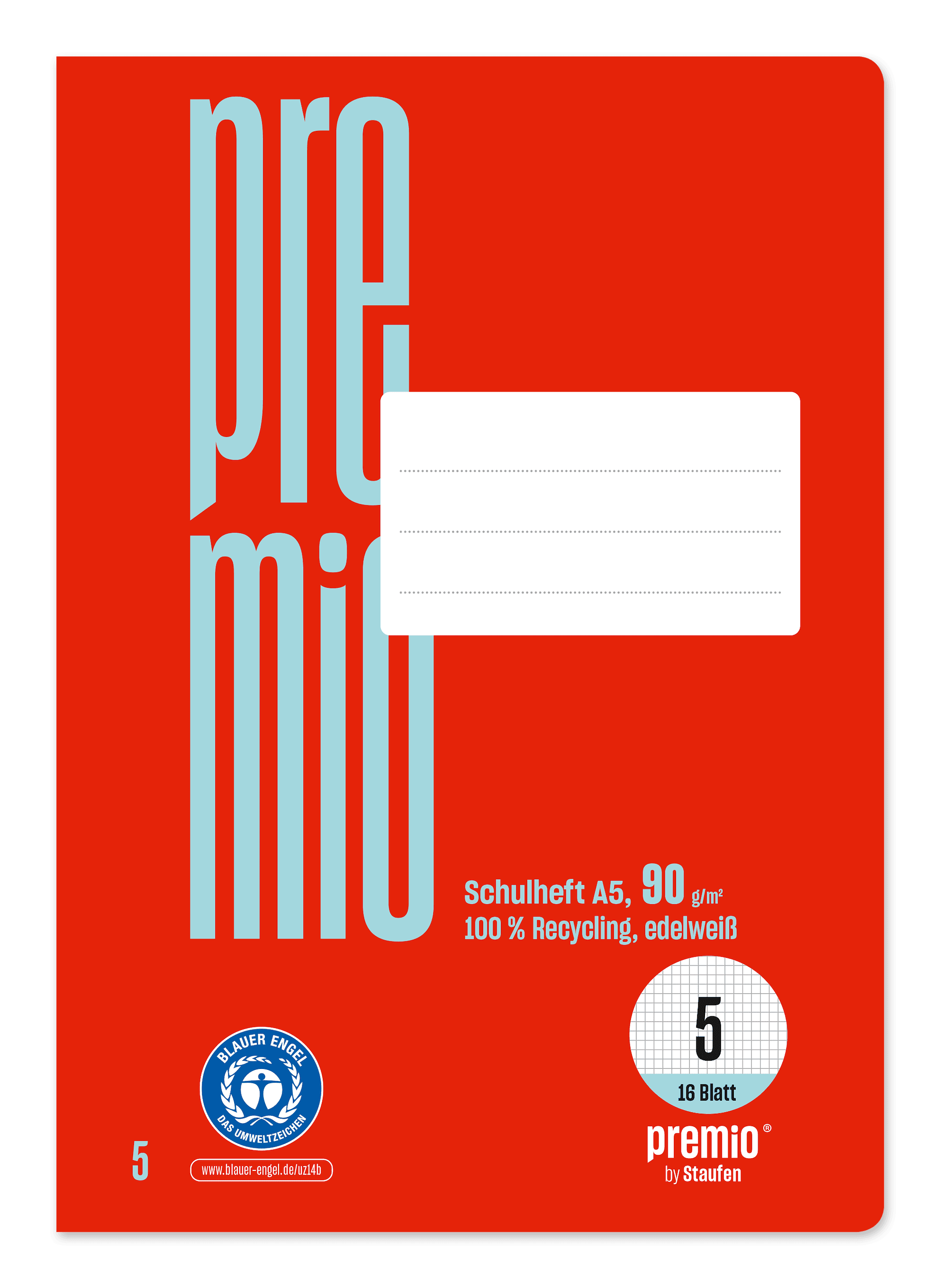 Premio Schulheft Lin5 A5 16 Blatt 90g/m² rot 5mm kariert