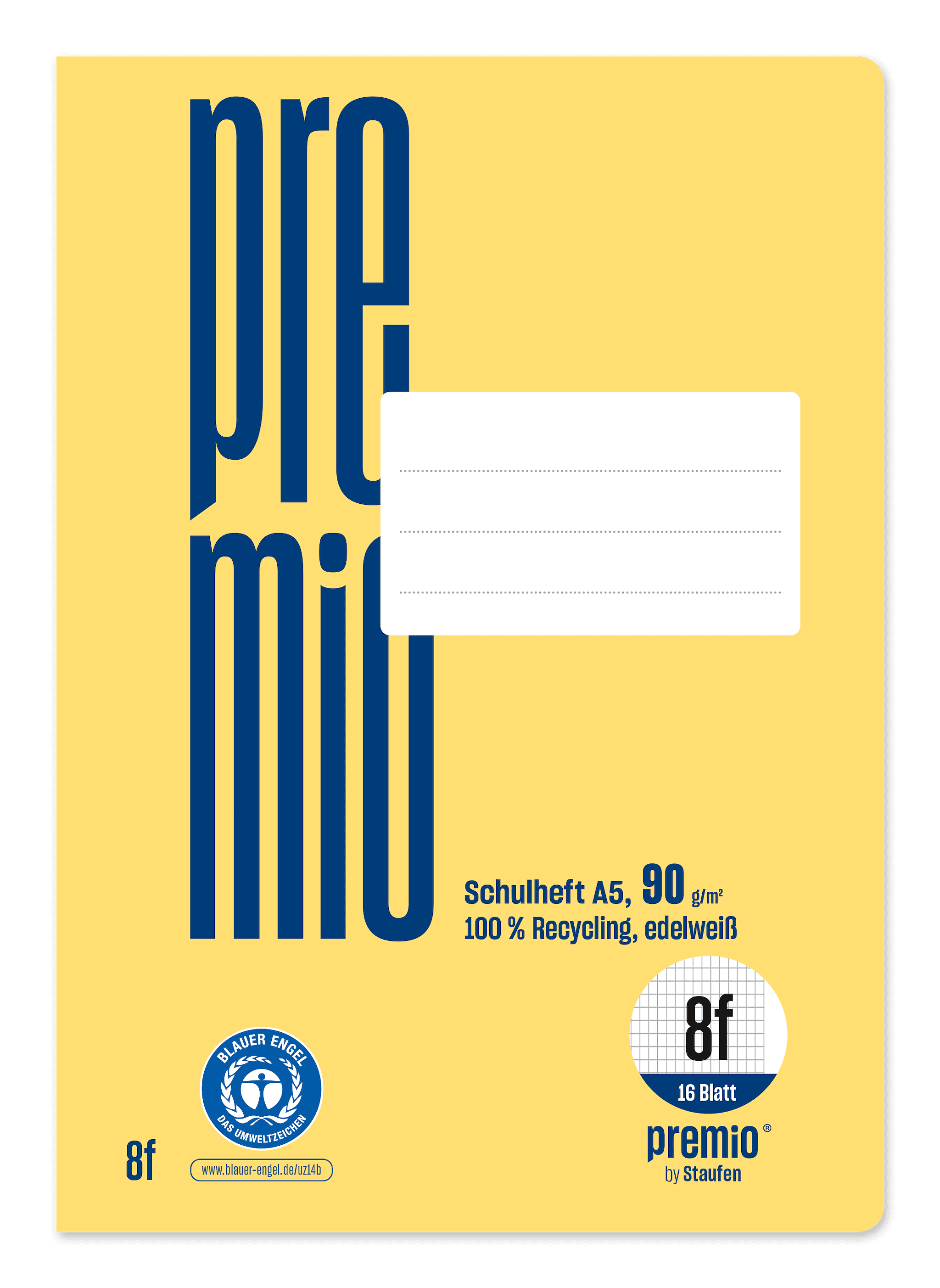 Premio Schulheft Lin8f A5 16 Blatt 90g/m² gelb 5x7mm rautiert mit Rand