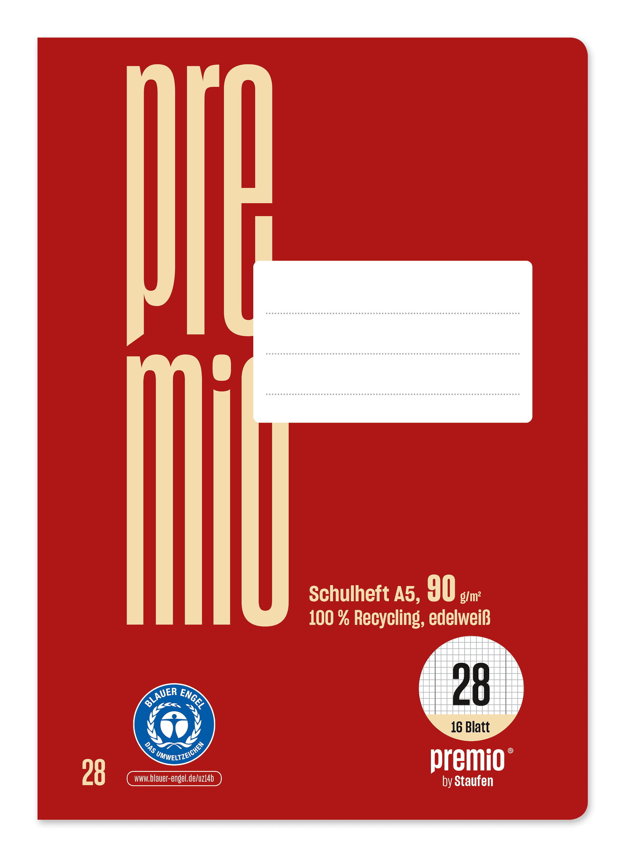 Premio Schulheft Lin28 A5 16 Blatt 90g/m² rot 5mm kariert mit RL