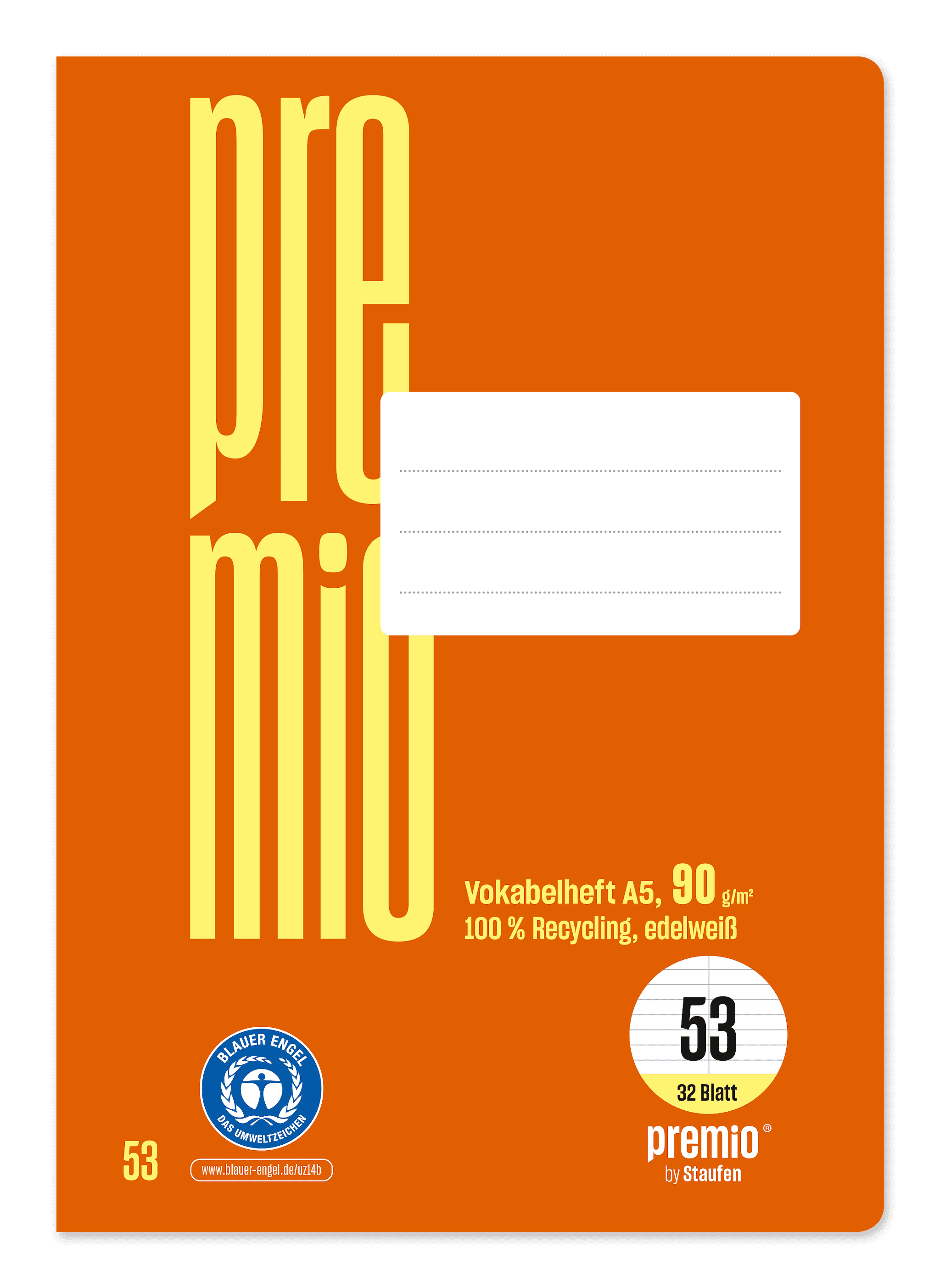 Premio Vokabelheft Lin53 A5 32 Blatt 90g/m² orange Vokabel mit Mittellinie
