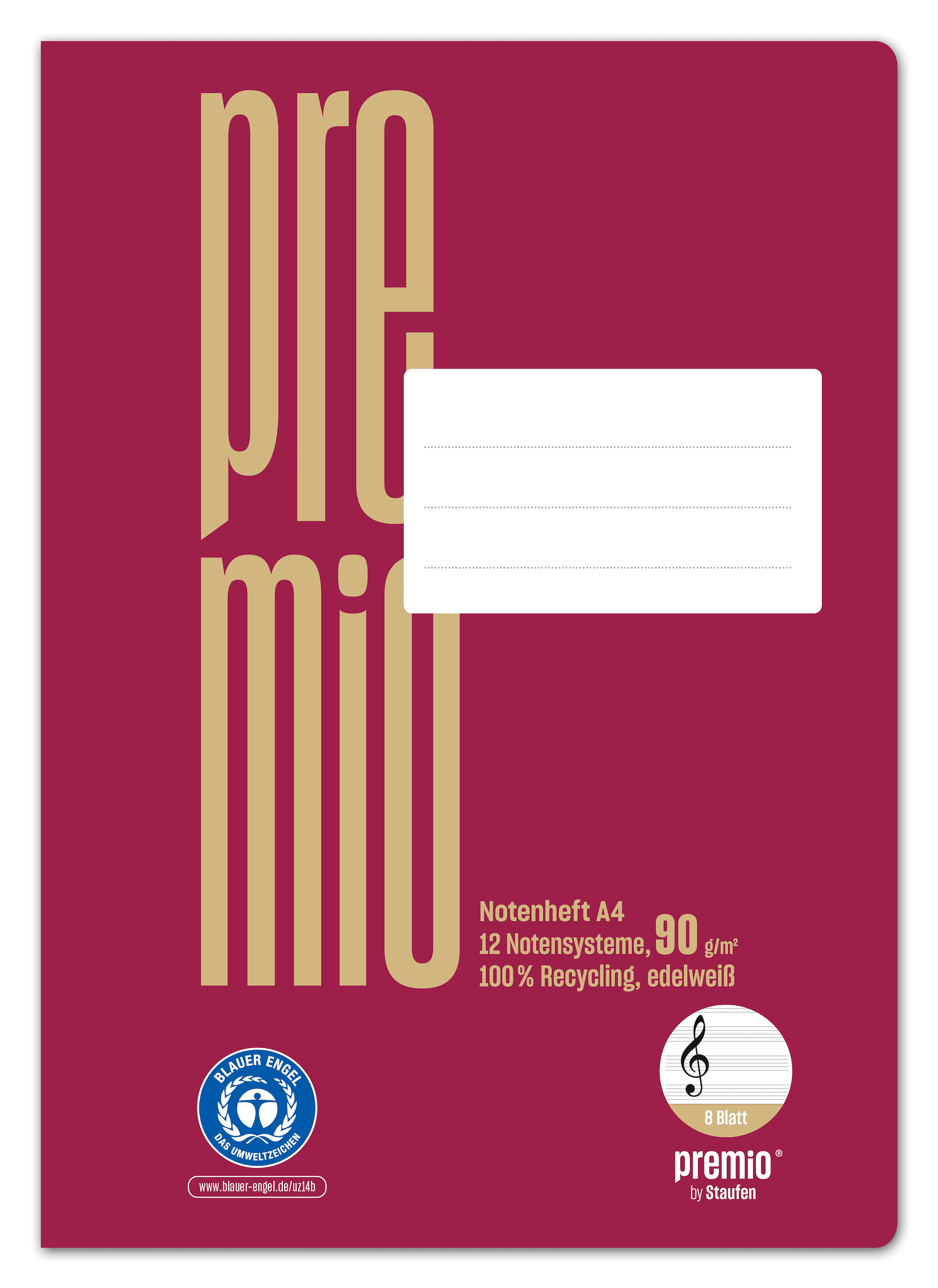 Premio Notenheft LinN A4 8 Blatt 90g/m² bordeaux 12 Notensysteme