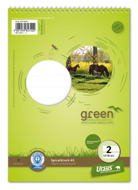 Ursus Green Spiralblock Lineatur 2 A5 40 Blatt 4/4/4 liniert farbig