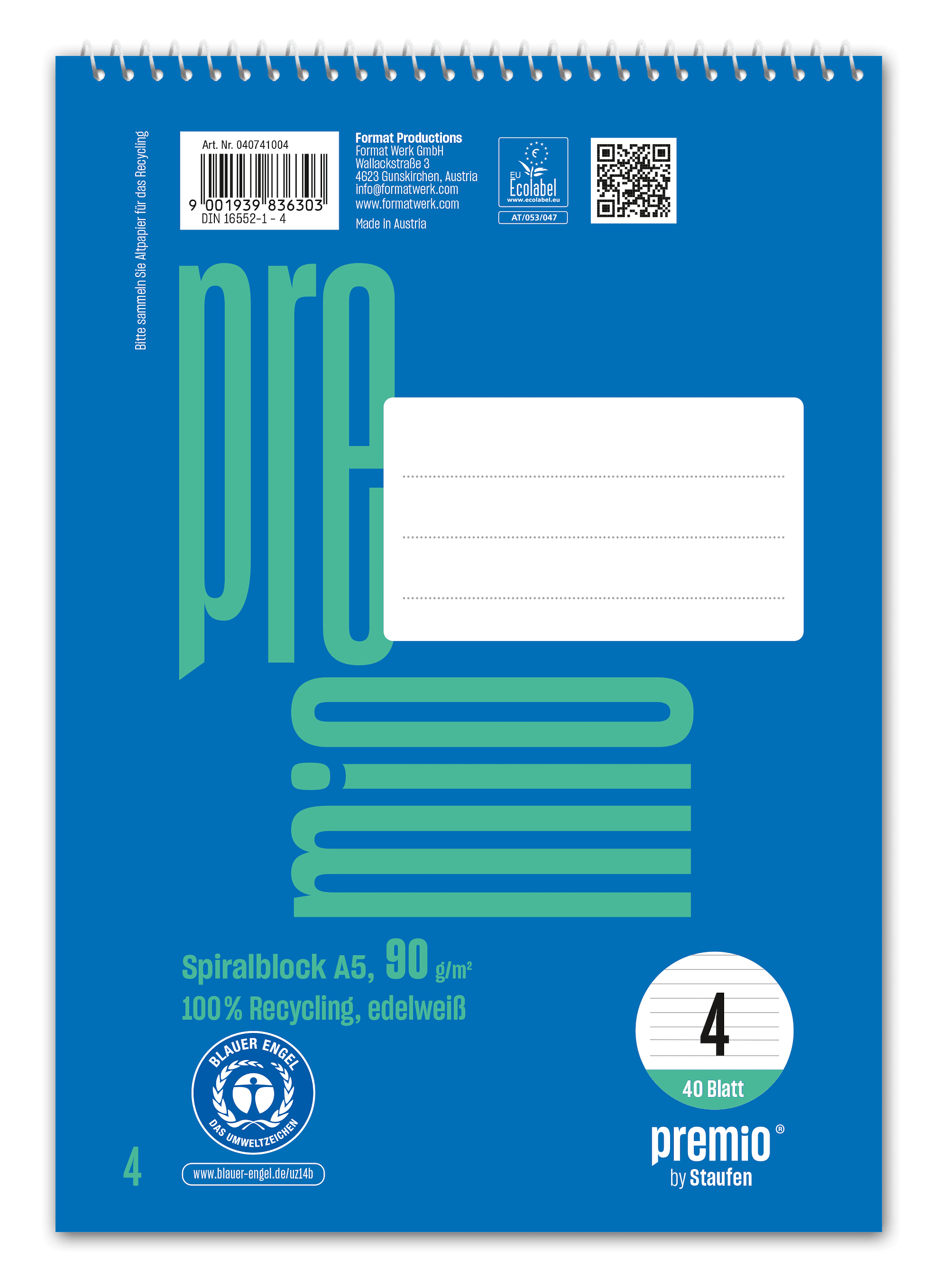 Ursus Green Spiralblock Lineatur 4 A5 40 Blatt liniert