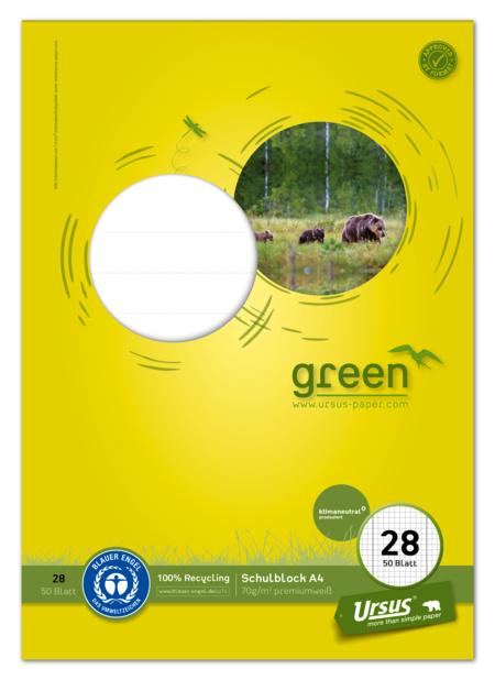 Ursus Green Schulblock Lineatur 28 A4 50 Blatt 5mm kariert Randlinien