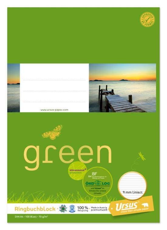 Ursus Green Ringbuchblock A4 100 Blatt 9mm liniert