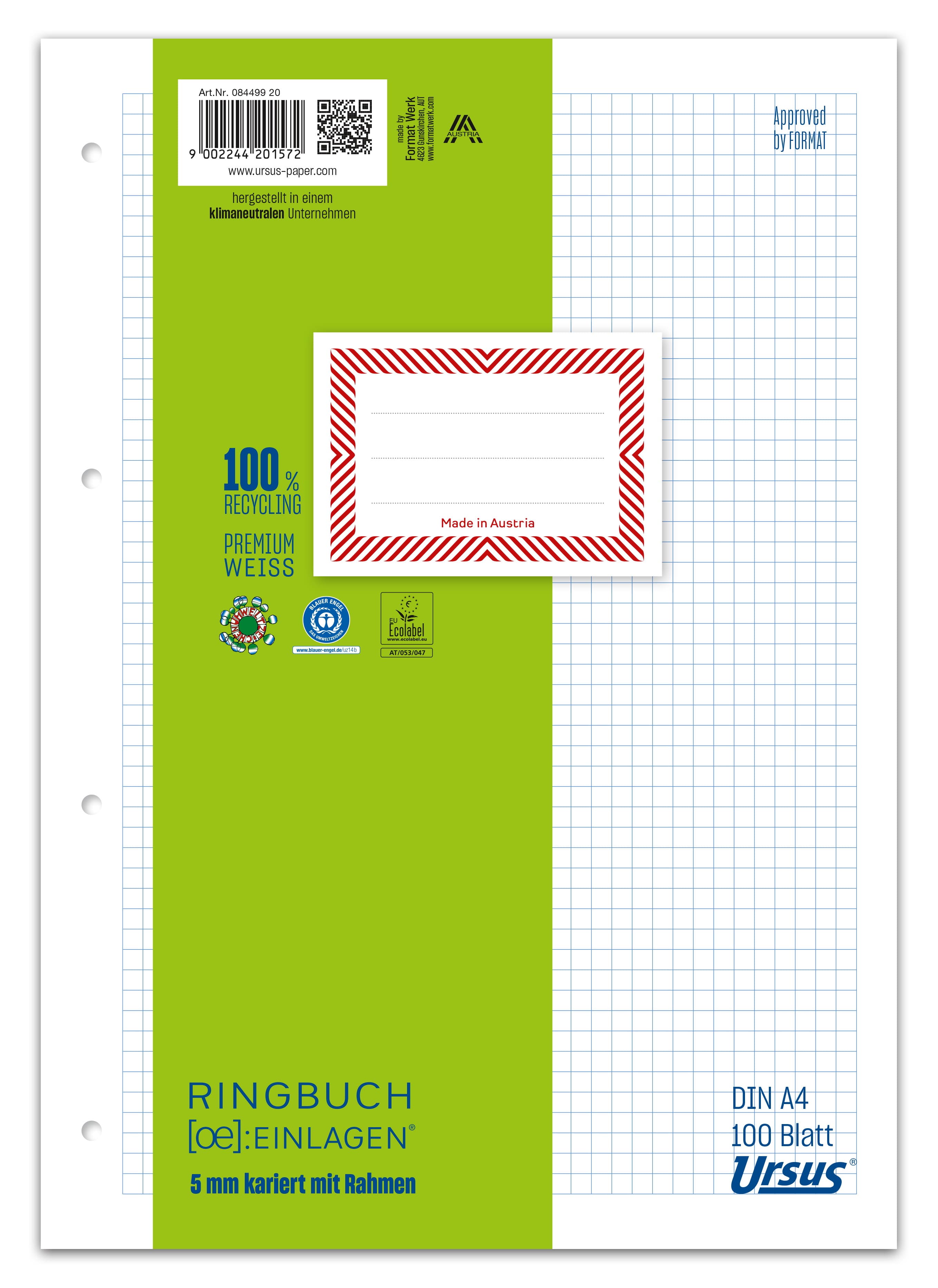 Ursus Green Ringbucheinlage A4 100 Blatt 5mm kariert mit Rahmen