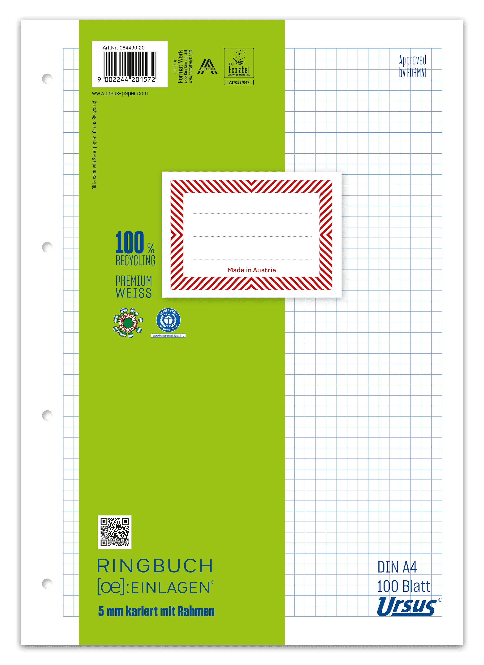 OE Ringbucheinlagen A4 100 Blatt 70g/m² 5mm kariert mit Rahmen 4-Loch