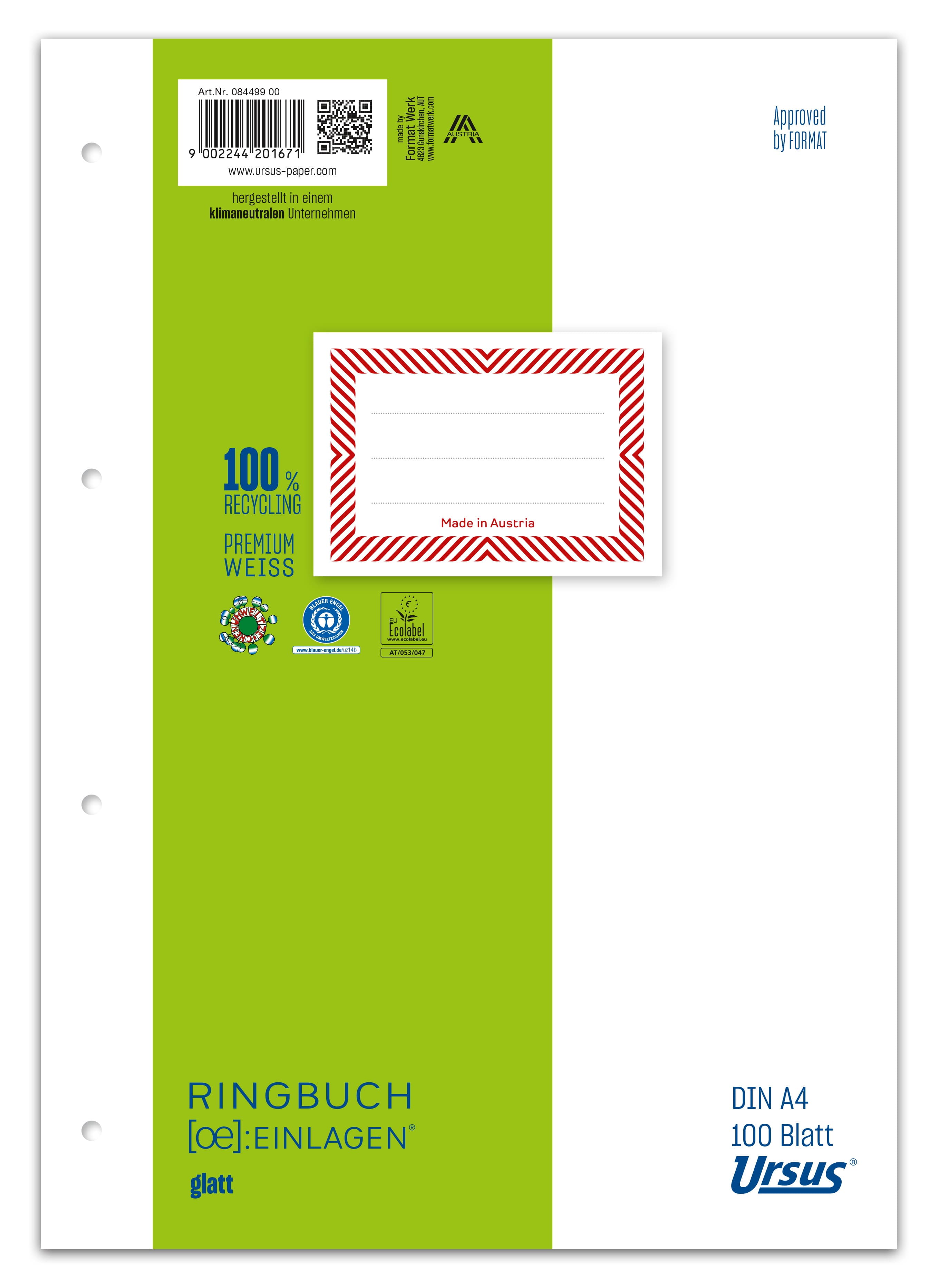 Ursus Green Ringbucheinlage A4 100 Blatt blanko