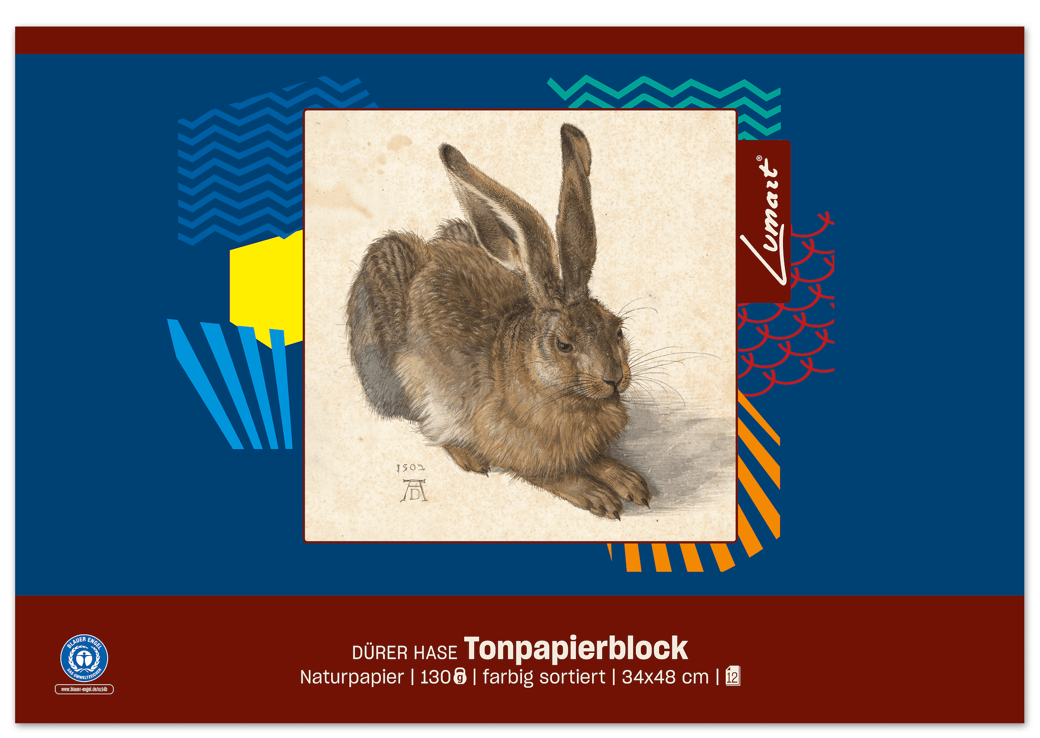 Lumart Recycling Tonpapierblock "Original Dürer" 34x48cm 12 Blatt 130g/m² 11 Farben sortiert