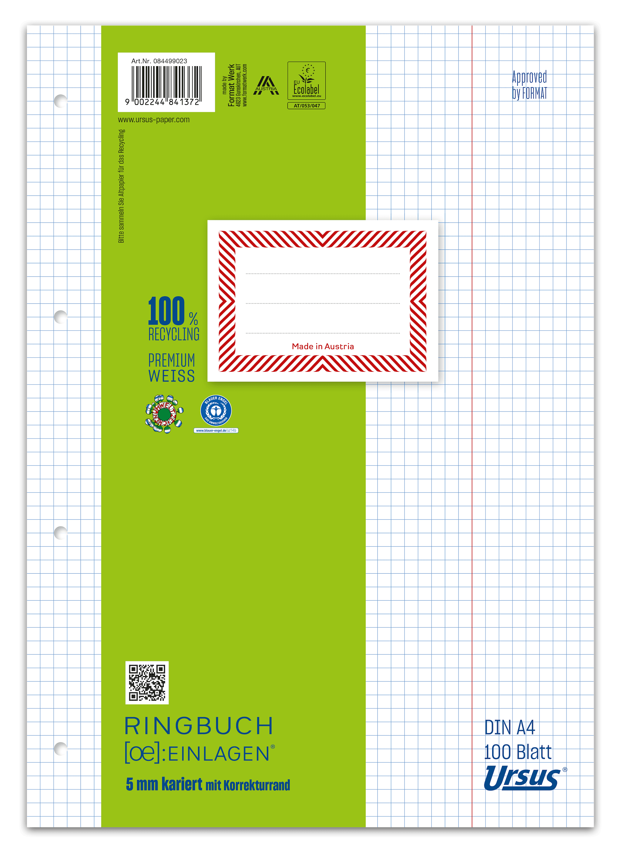 OE Ringbucheinlagen A4 100 Blatt 70g/m² 5mm kariert mit KR 4-Loch