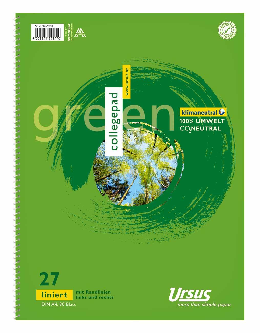 Ursus Green Collegeblock A4 Lineatur 27 80 Blatt