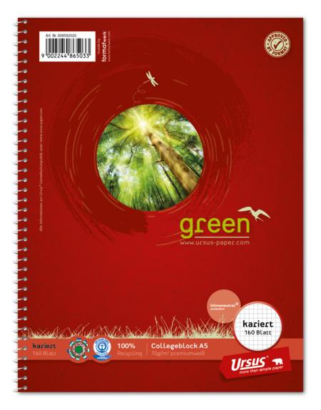 Ursus Green Collegeblock A5 160 Blatt 5mm kariert