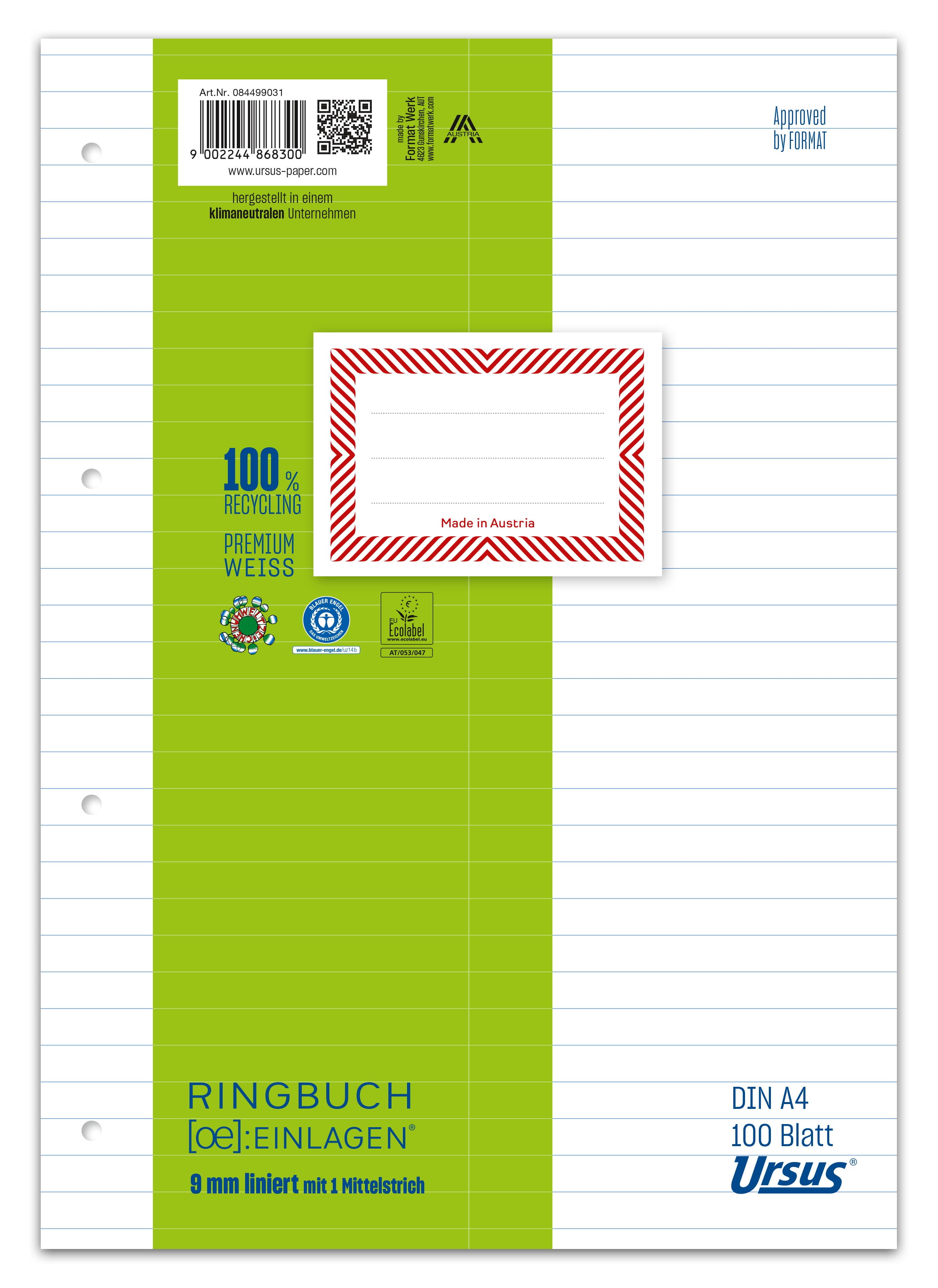 Ursus Green Ringbucheinlage A4 100 Blatt liniert