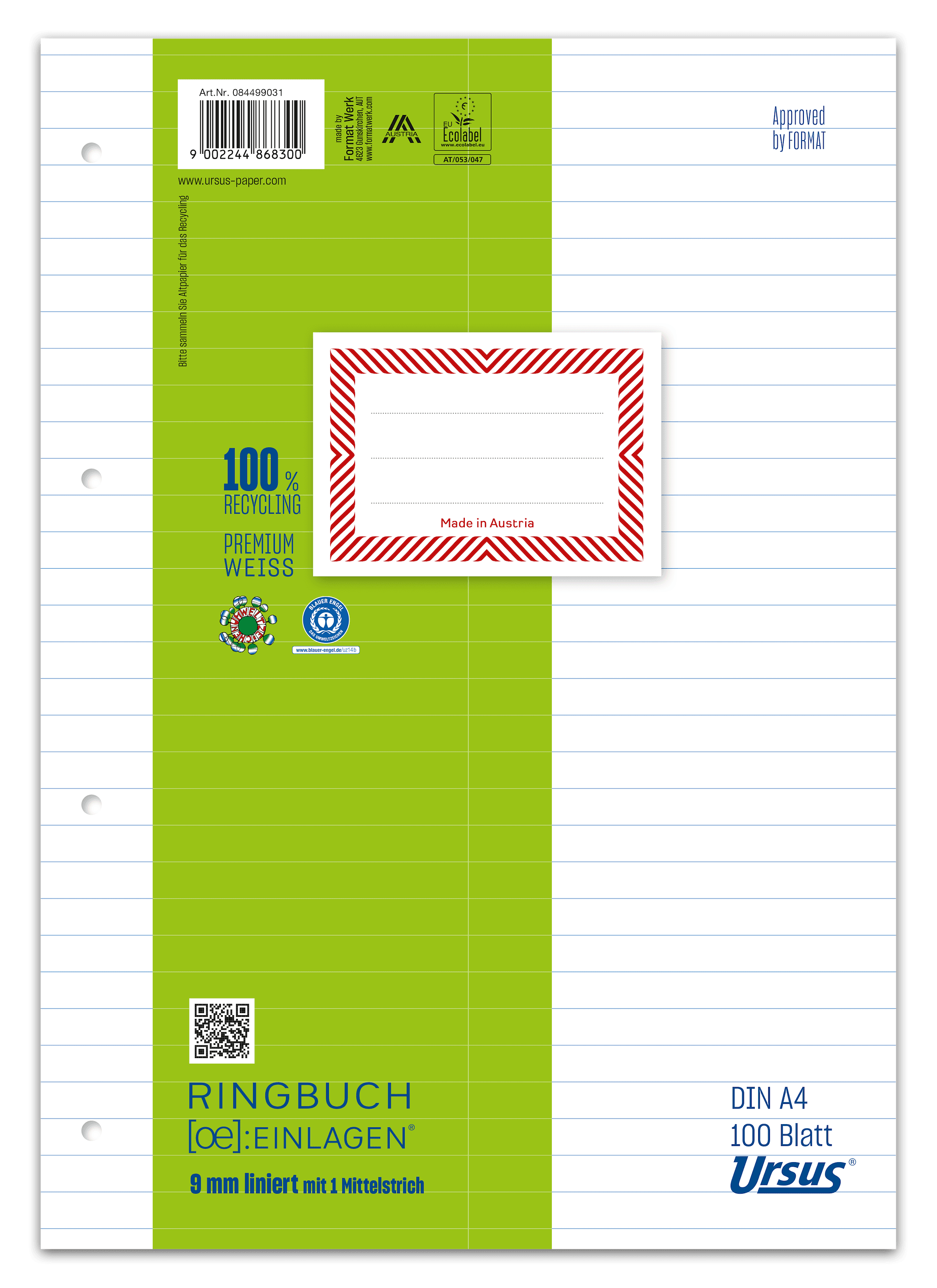 OE Ringbucheinlagen A4 100 Blatt 70g/m² 9mm liniert mit MST 4-Loch