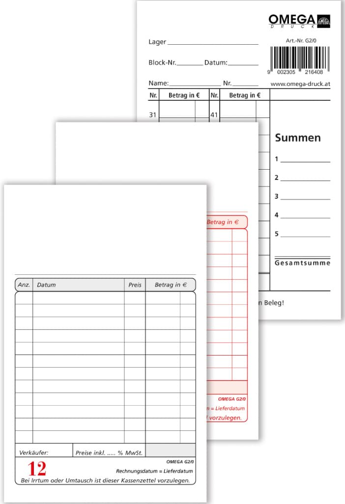 OMEGA Kassablock G2/0 10x15cm 2x50 Blatt Nr.1-50
