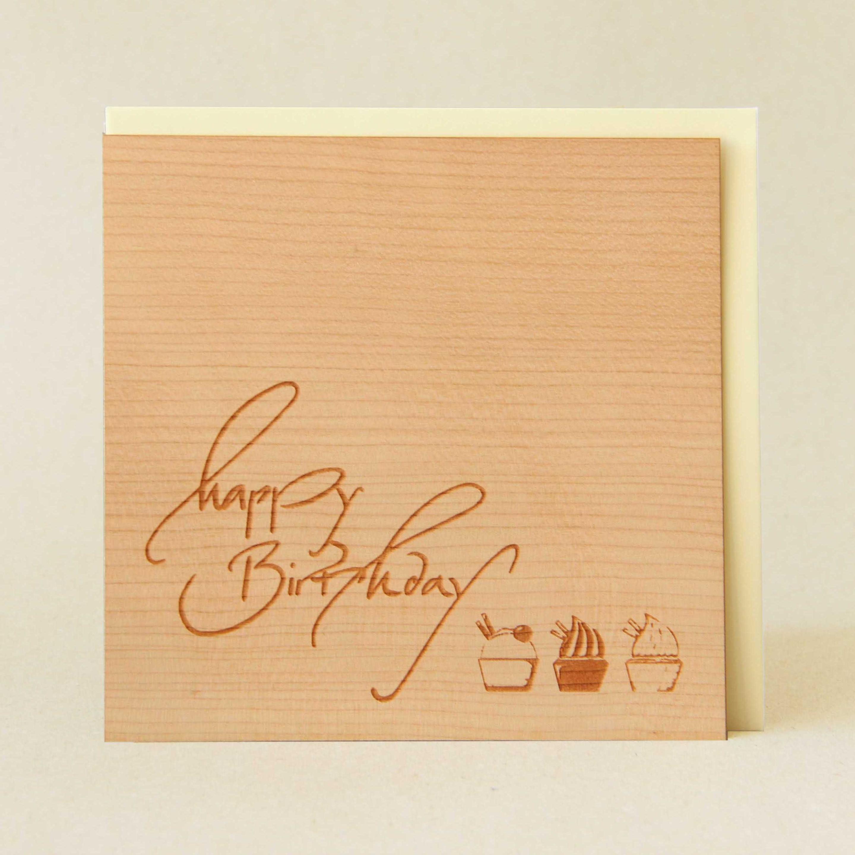 Original Holzgrußkarte - happy Birthday, Cupcake