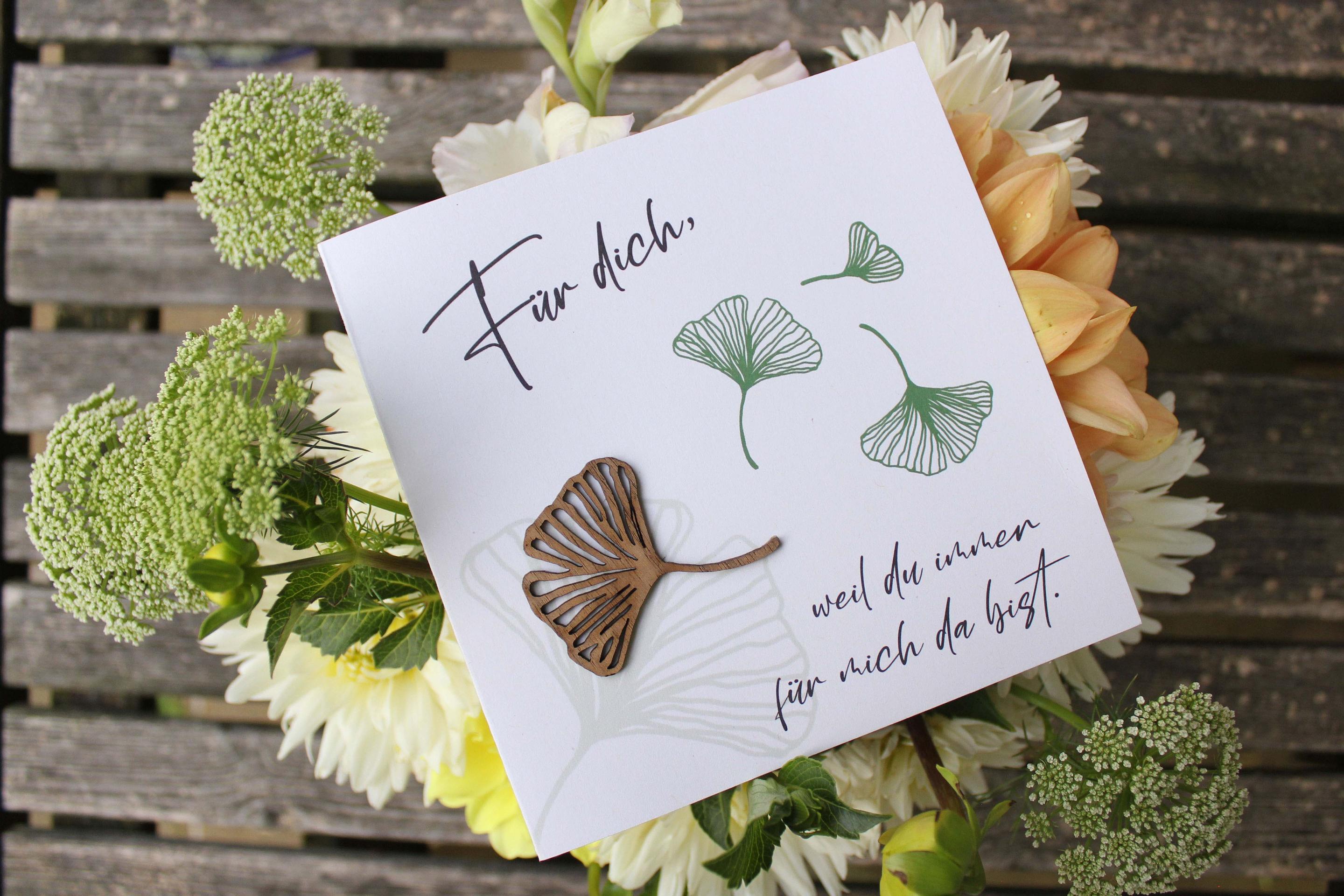 Grußkarte Druck mit Holzschriftzug Ginkgo für dich