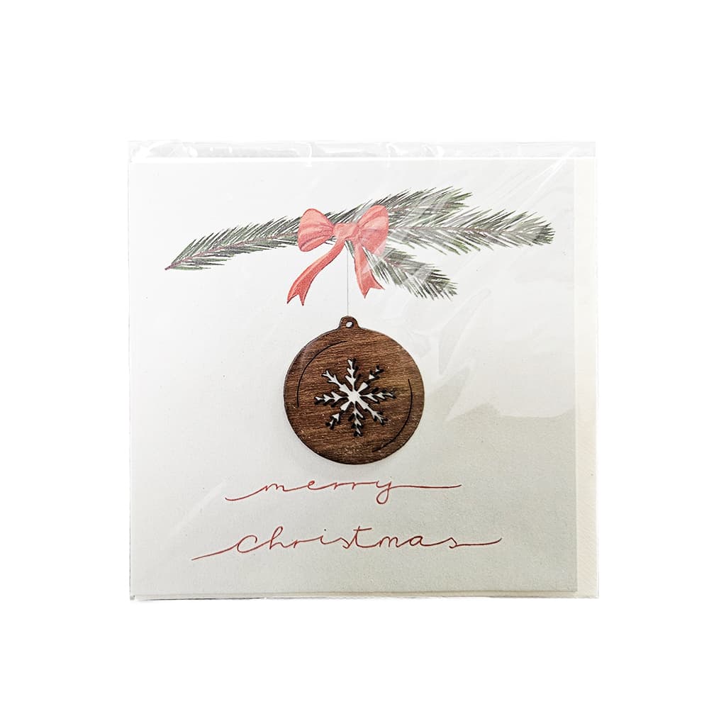 Grußkarte Druck Holzmotiv Tannenzweig Kugel