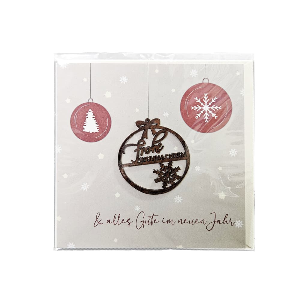 Grußkarte Druck Holzmotiv Kugeln Frohe Weihnacht