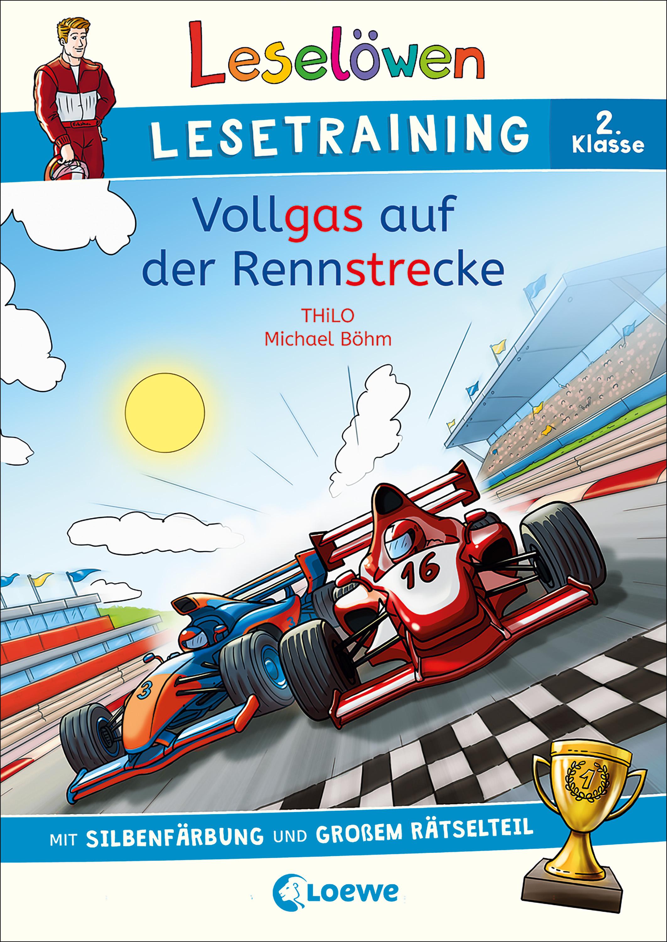 Leselöwen Lesetraining 2. Klasse - Vollgas auf der Rennstrecke mit Silbenfärbung und großem Rätselteil