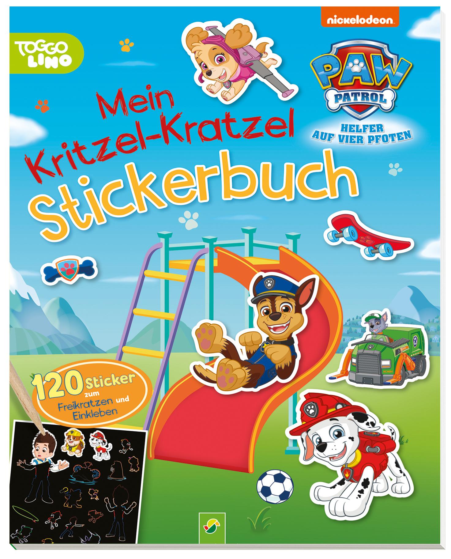 PAW Patrol Mein Kritzel-Kratzel Stickerbuch mit Bambus-Stick 120 Sticker zum Freikratzen und Einkleben für Kinder ab 4 Jahren