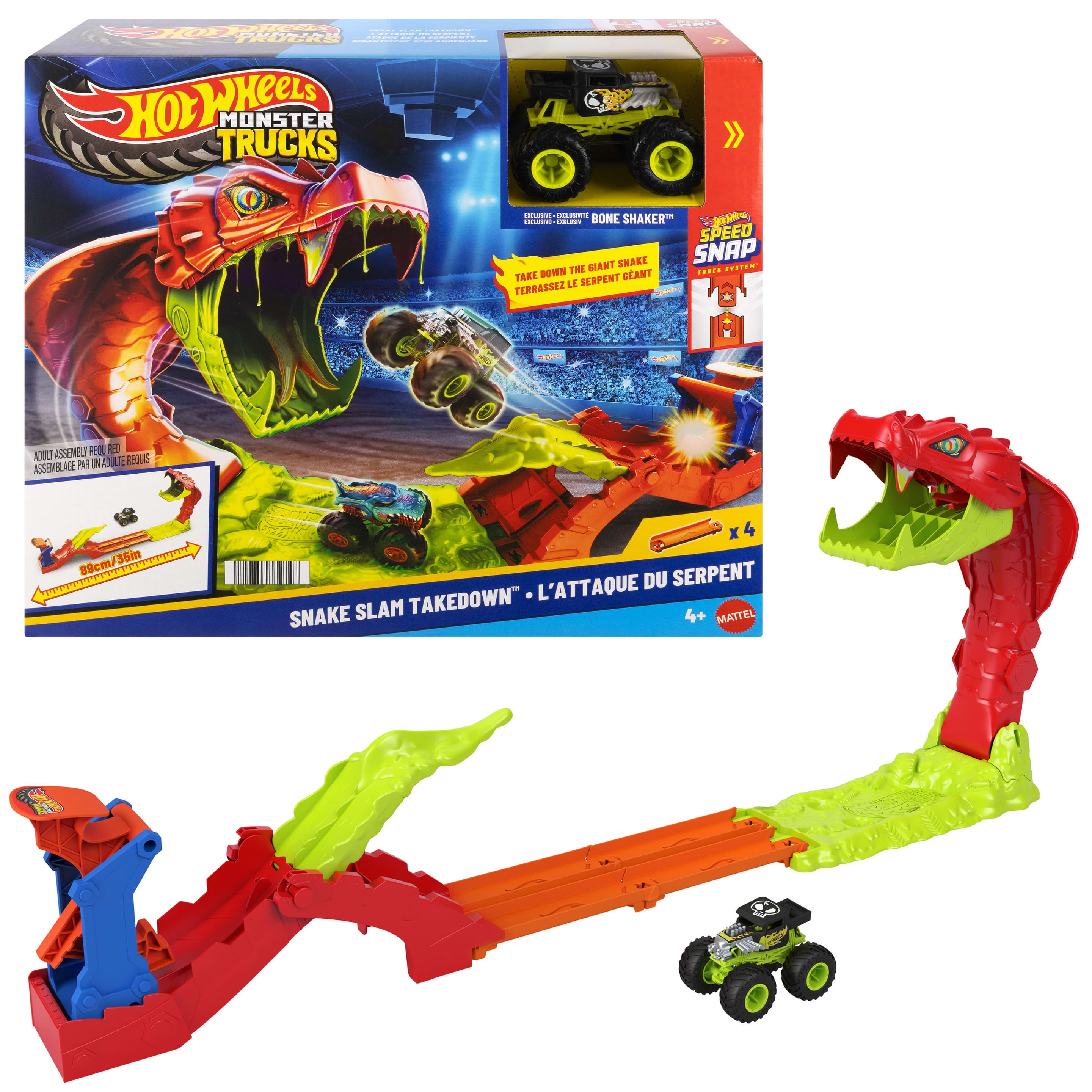 Hot Wheels Monster Trucks Snake Slam Takedown Spielset mit Bone Shaker Spielfahrzeug im Maßstab 1:64