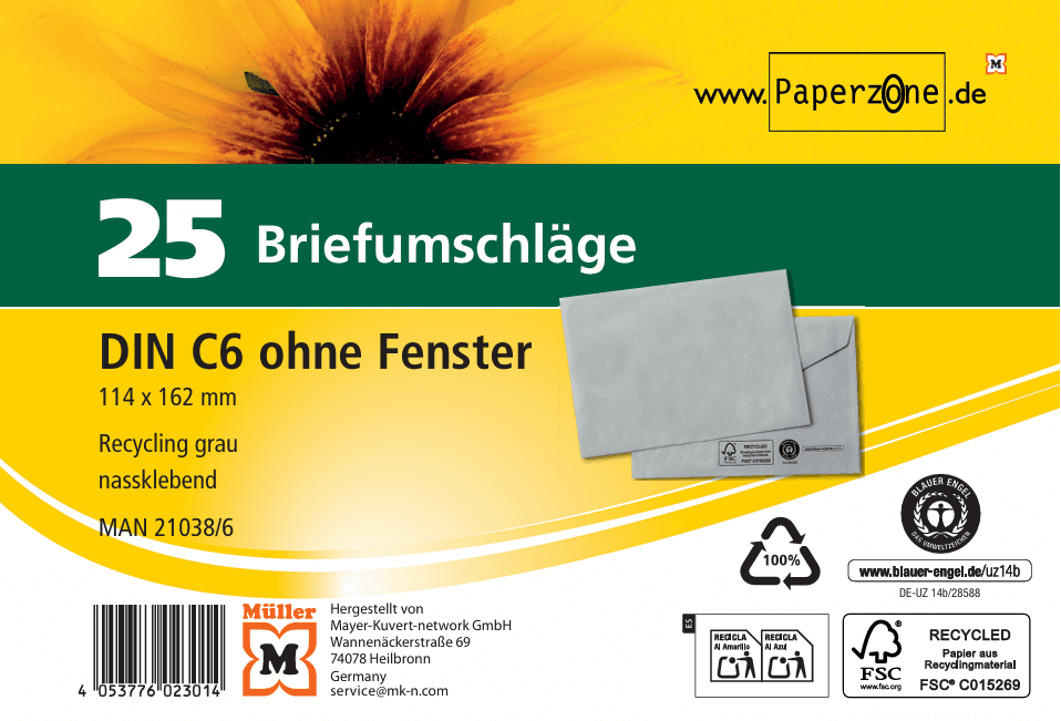 PAPERZONE Briefumschlag C6 recycling-grau