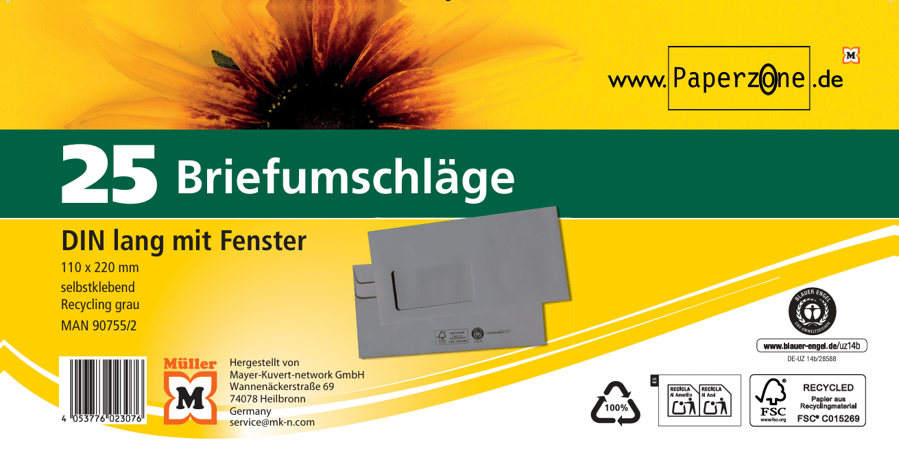 PAPERZONE Briefumschlag mit Fenster DIN lang selbstklebend recycling-grau