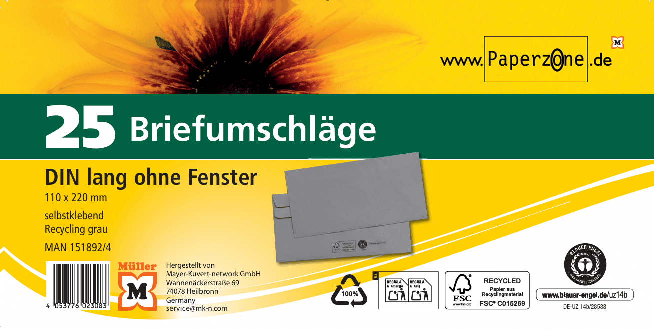 PAPERZONE Briefumschlag DIN lang selbstklebend recycling-grau