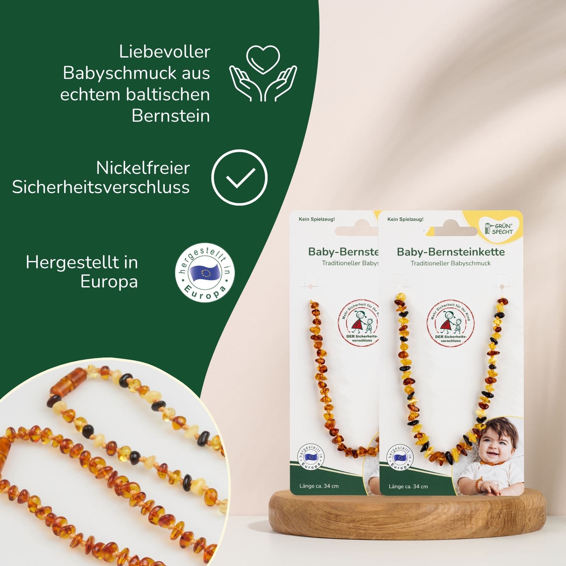 Grünspecht Baby-Bernsteinkette Flachbarock sortiert