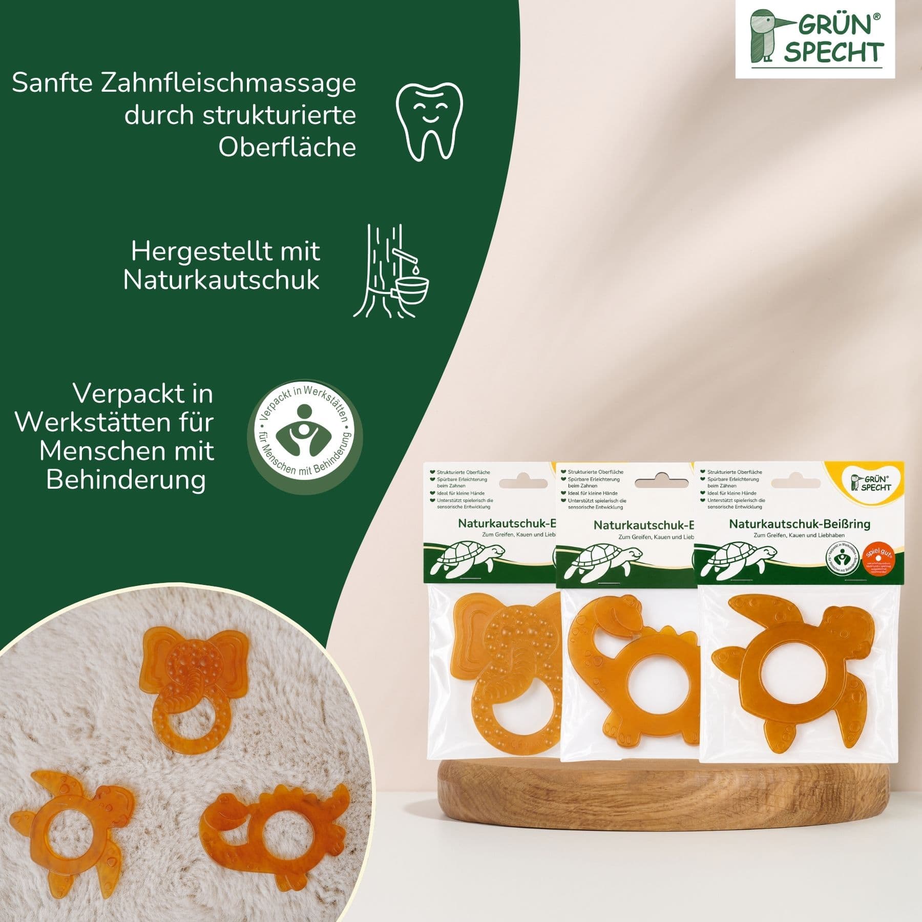 Gruenspecht Naturkautschuk-Beißring sortiert