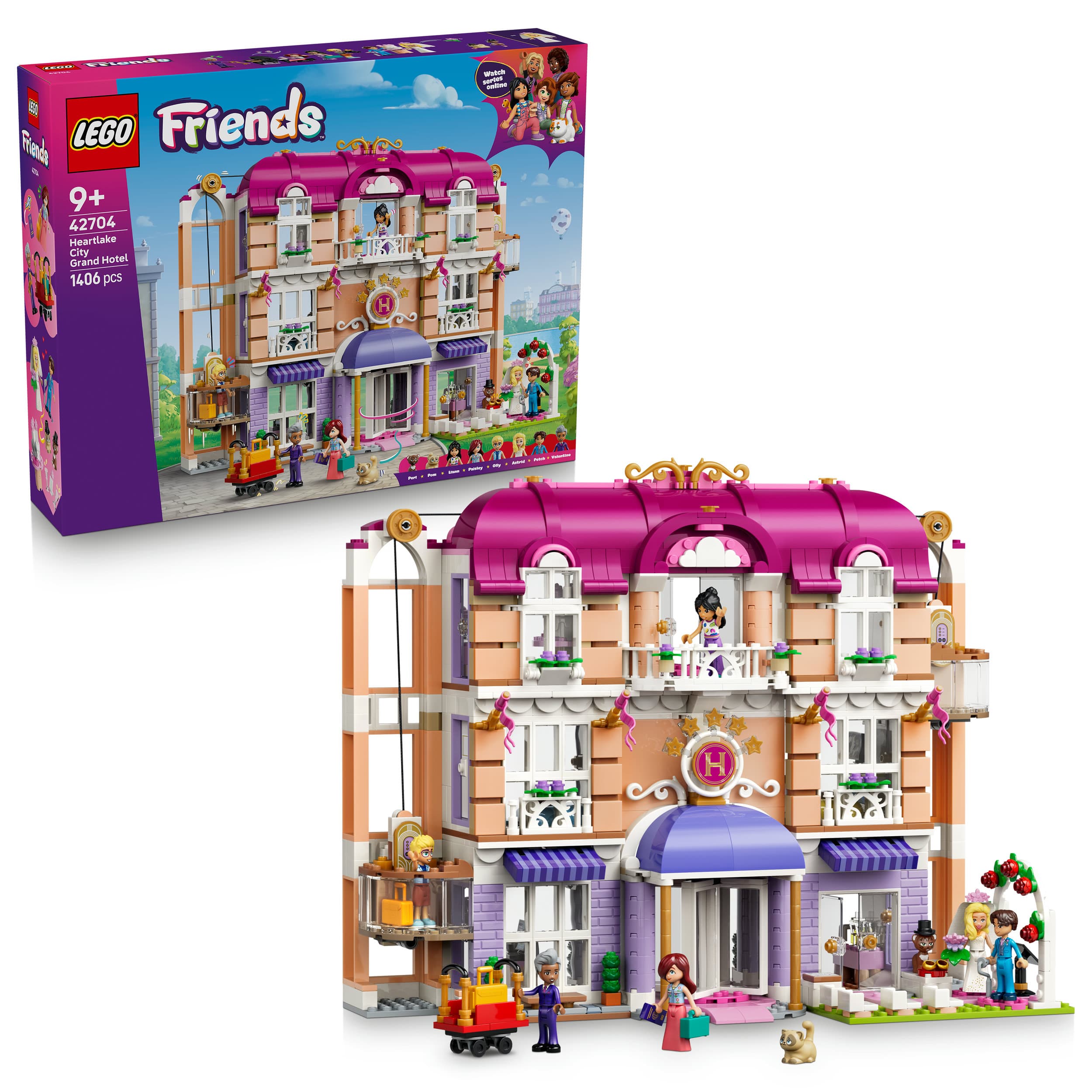 LEGO Friends 42704 Das Grandhotel von Heartlake City, Spielset mit 6 Spielfiguren und 2 Katzen