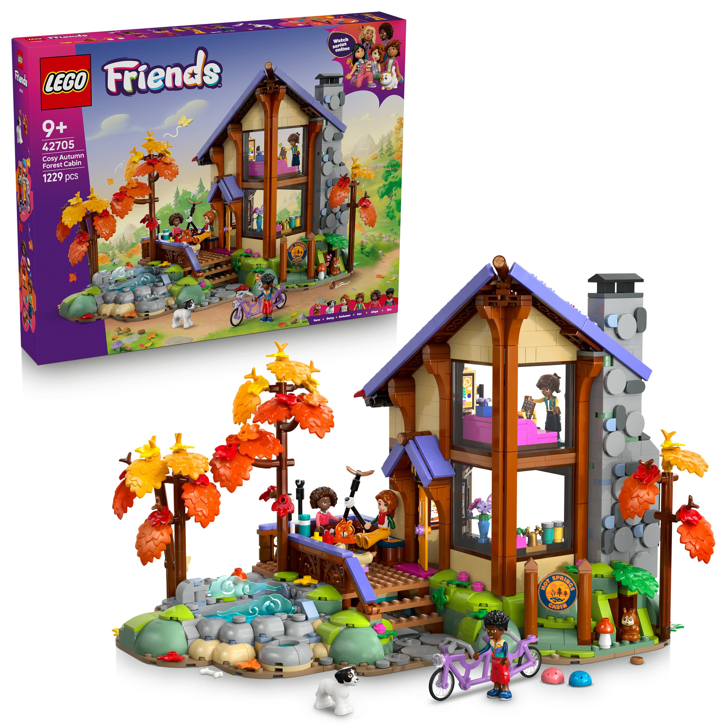 LEGO Friends 42705 Gemütliche Hütte im Herbstwald, Bauspielzeug, 4 Spielfiguren, ein Hund und ein Eichhörnchen