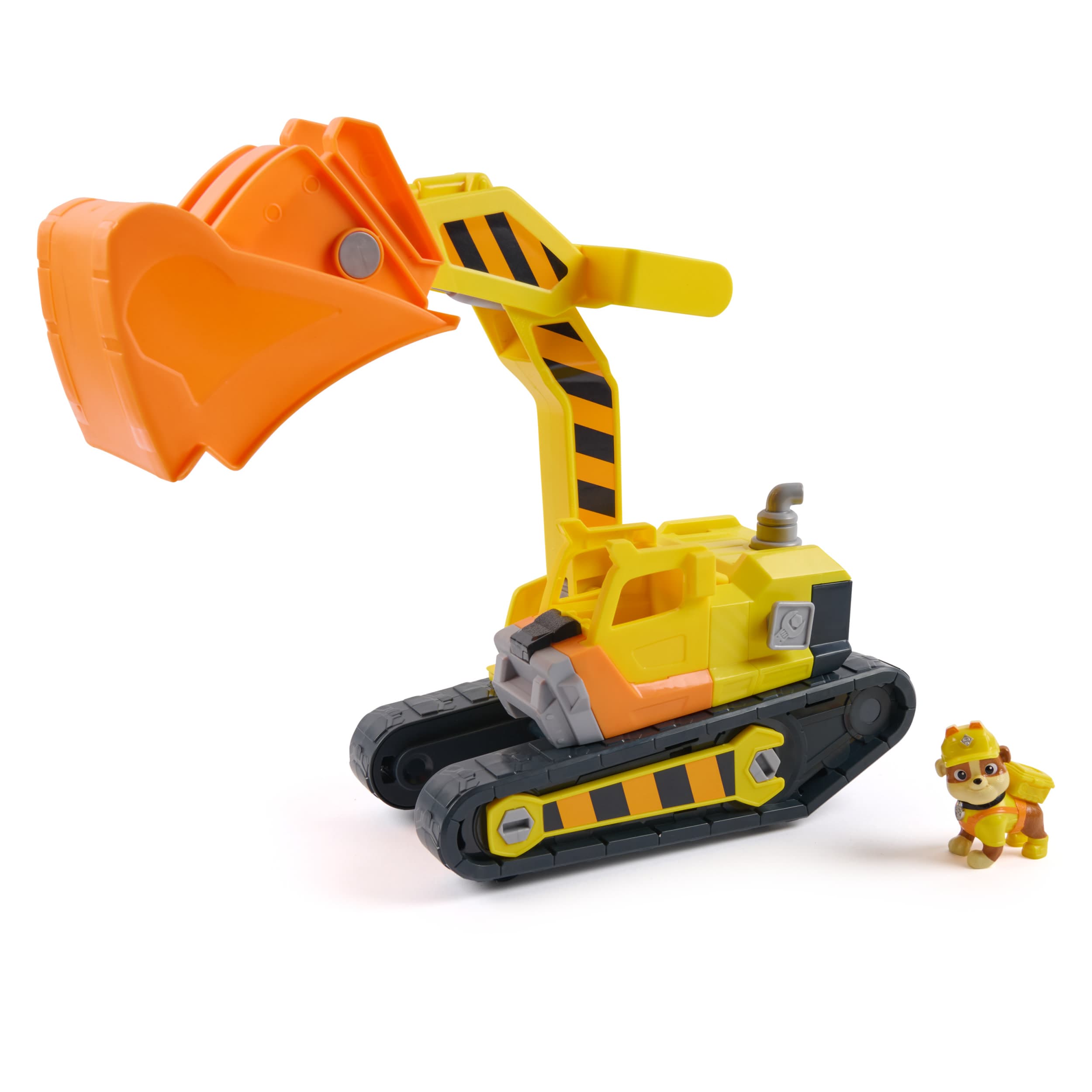 Rubble & Crew - Rubbles extragroßer 2-in-1 Premium Bagger-Fahrzeug, Planierraupe mit Baggerschaufel, Zubehör, Rubble Hundefigur