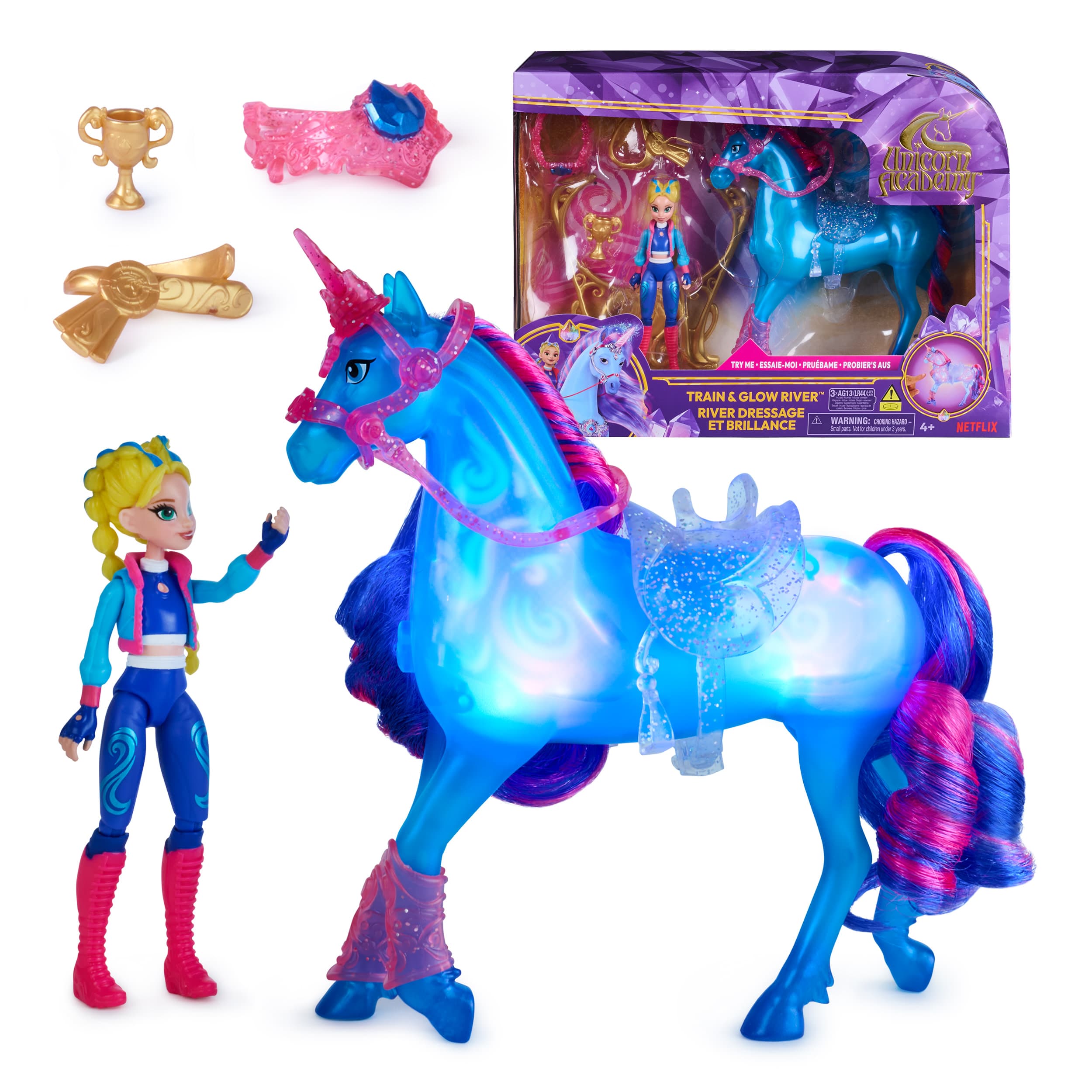 Unicorn Academy - Train and Glow River mit Isabel Set, ca 12 cm Originalfiguren zur Netflix Serie
