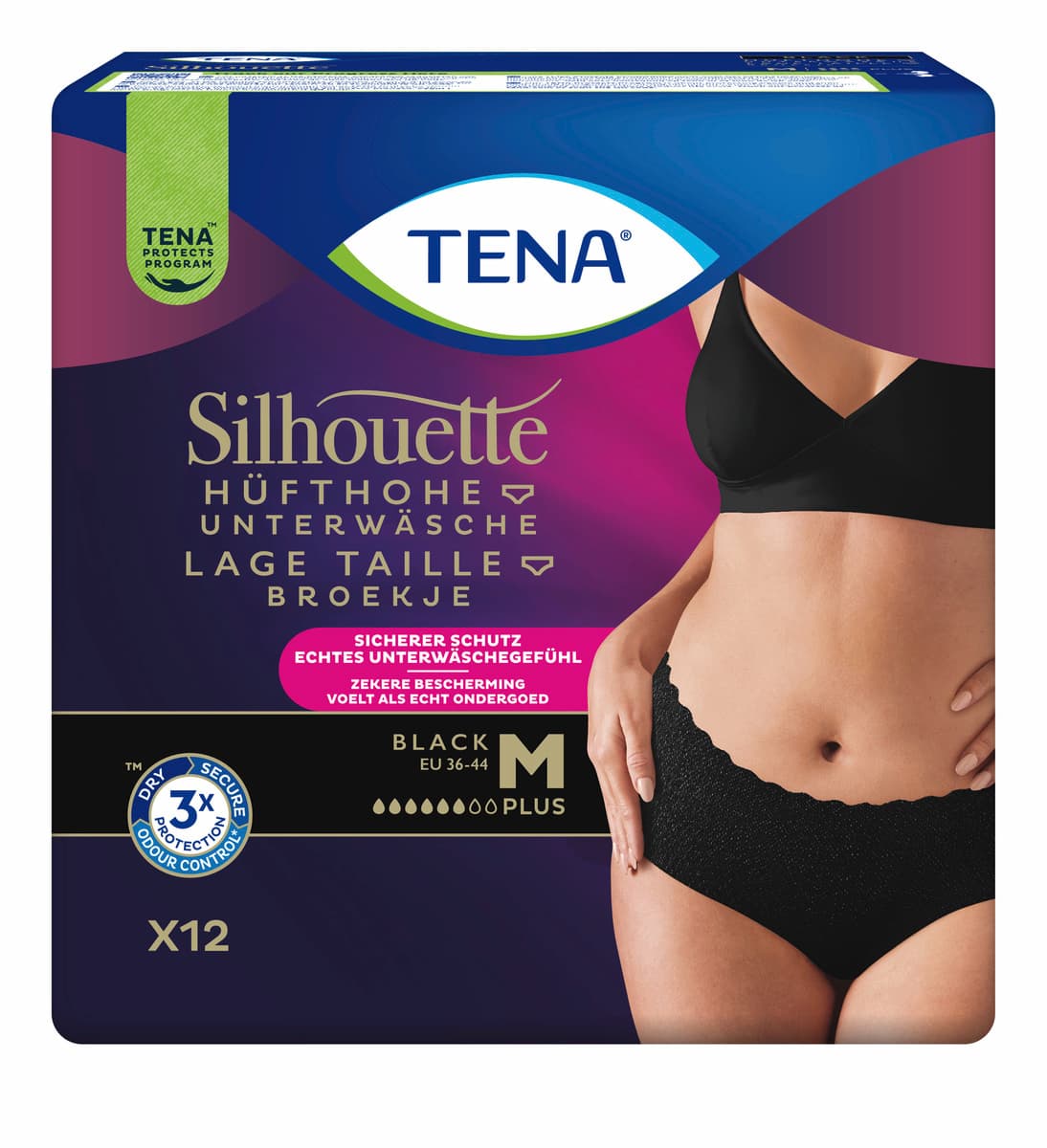Tena Silhouette Hüfthohe Unterwäsche Plus Schwarz Gr. M