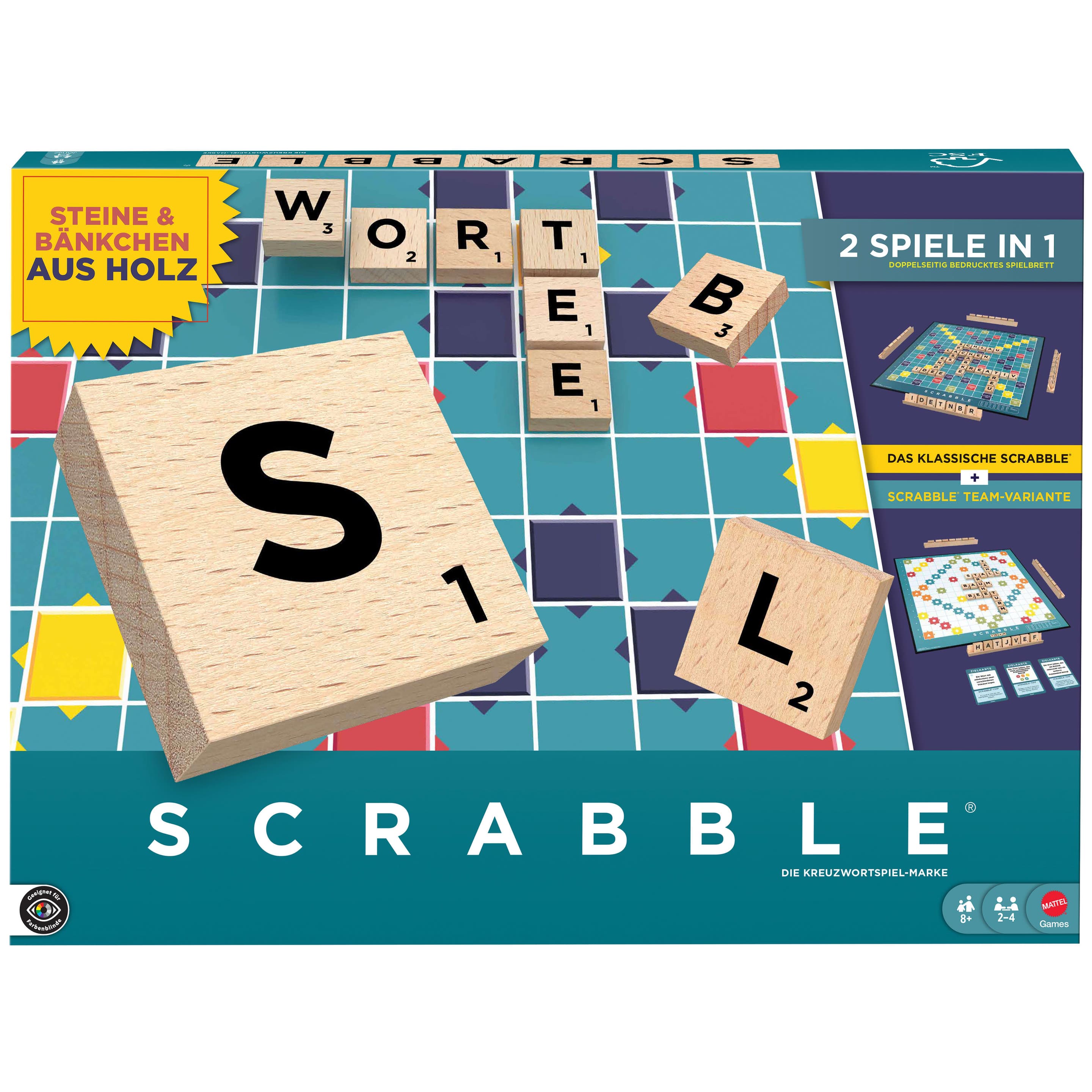 Scrabble Brettspiel, Familienwortspiel mit Buchstabensteinen und Buchstabenbänkchen, zwei Spielmöglichkeiten, deutsche Ausgabe
