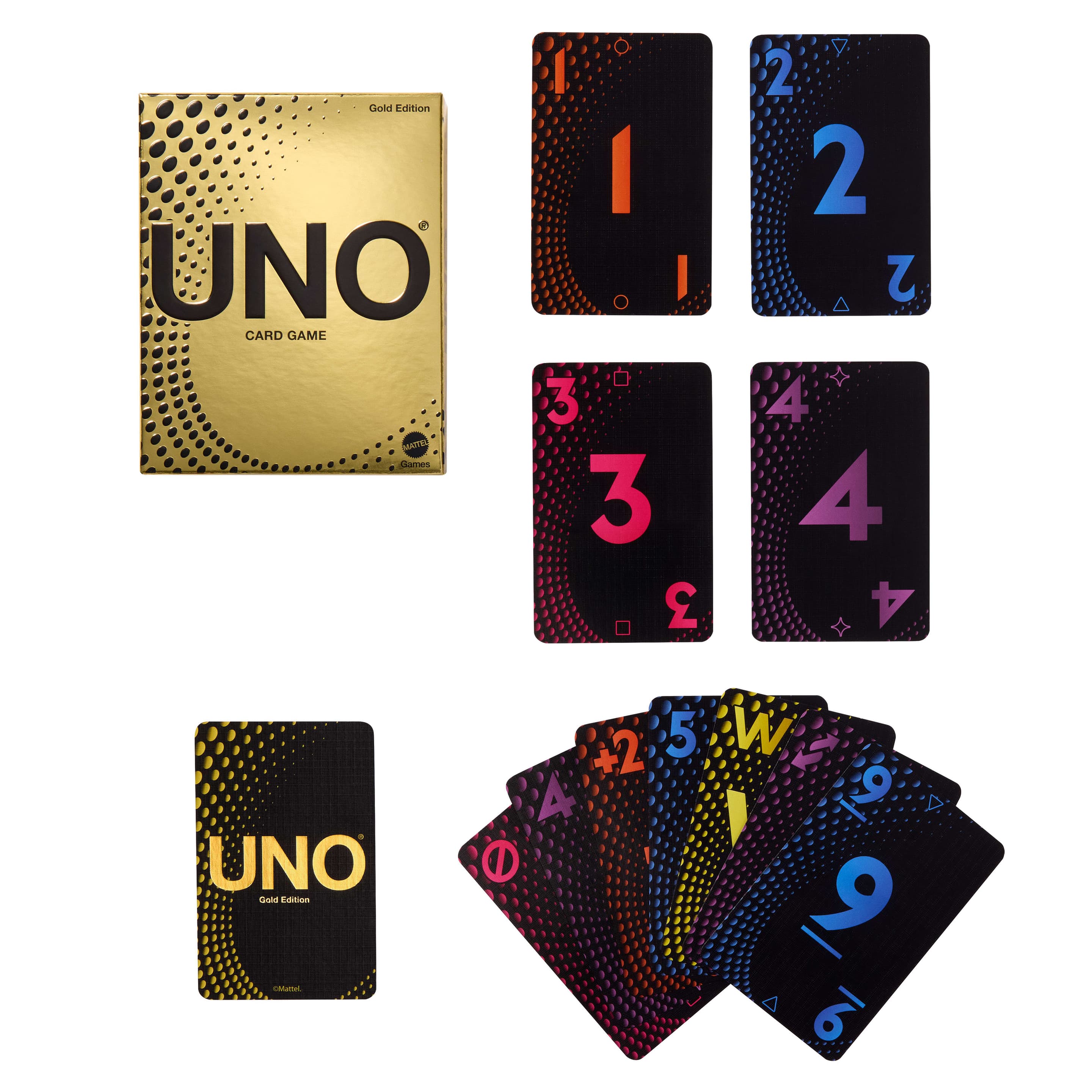 UNO-Kartenspiel Gold-Edition für Kinder, Erwachsene und Familienabende; zum Sammeln mit Folienakzenten