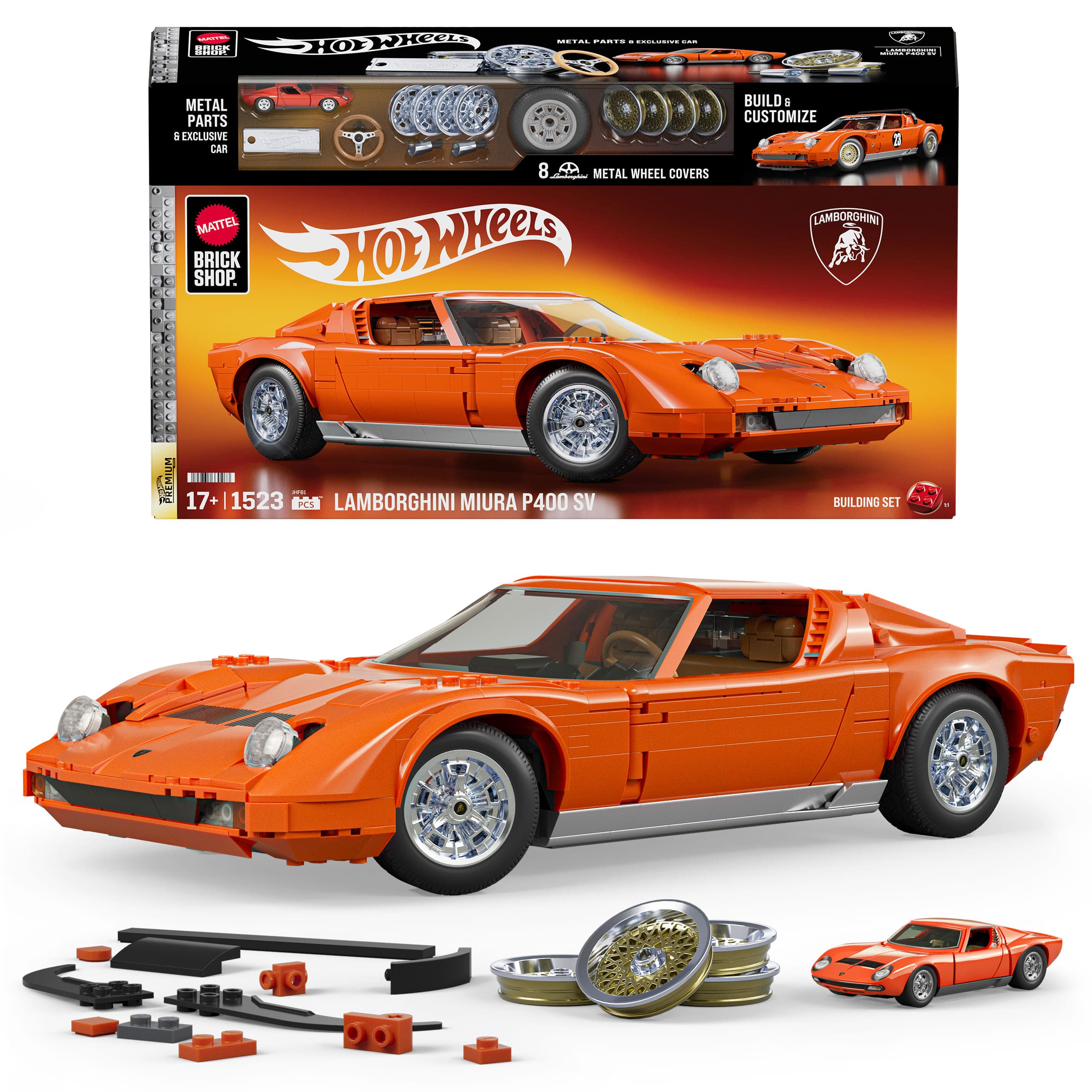 Mattel Brick Shop Hot Wheels ’71 Lamborghini Miura P400 SV Bauspielzeugset (1523 Teile), für Sammler