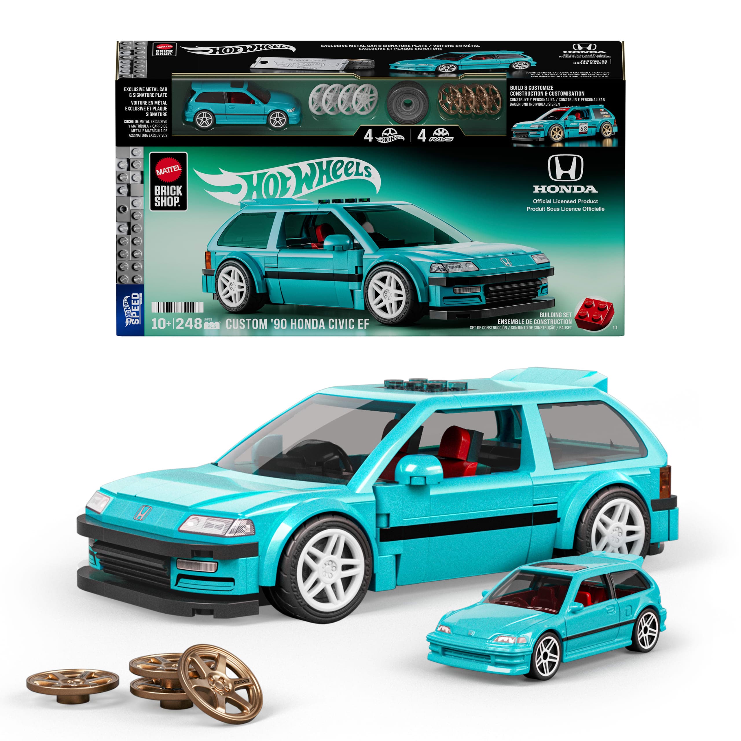Mattel Brick Shop Hot Wheels Custom ’90 Honda Civic EF Bauspielzeugset (248 Teile), für Sammler