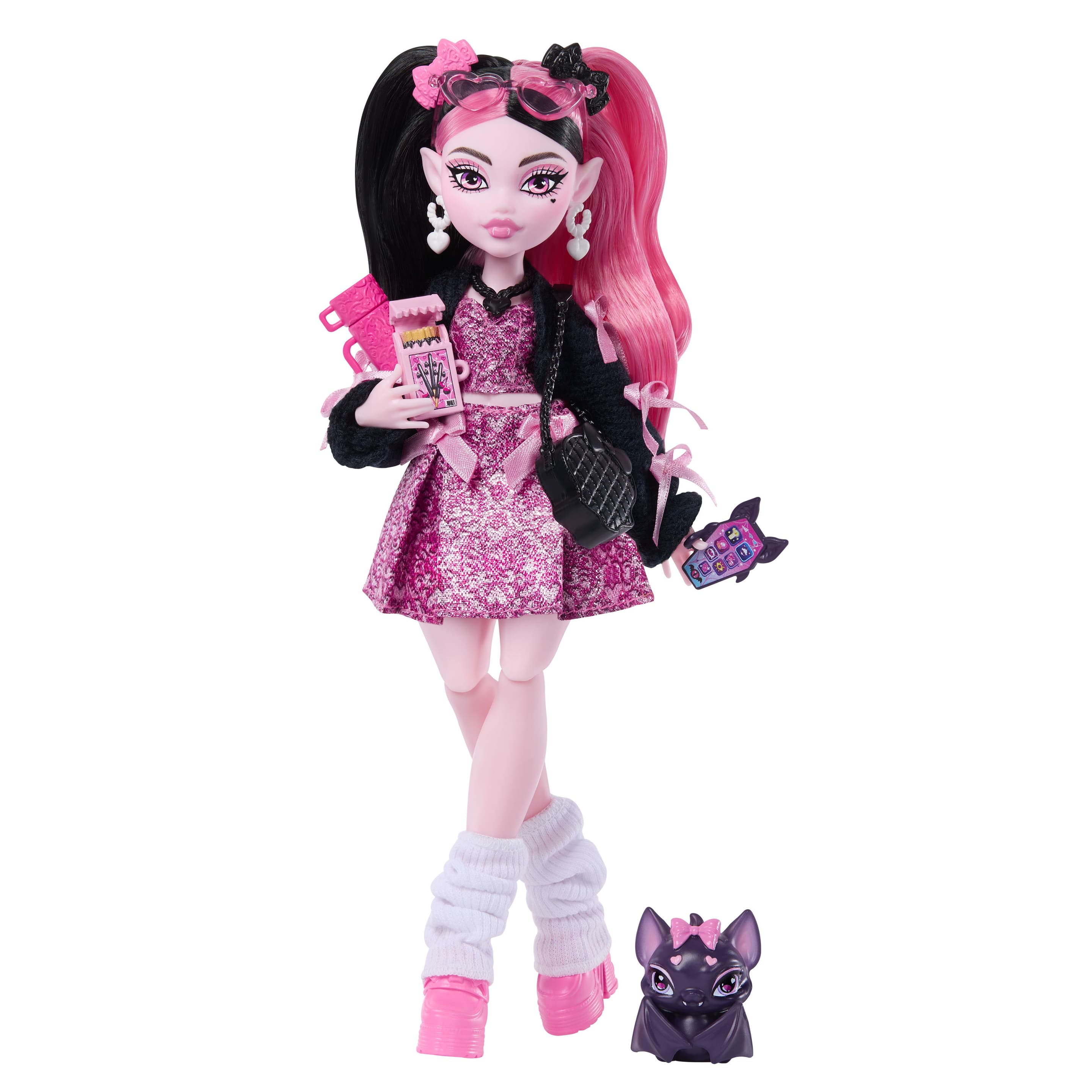 Monster High Draculaura-Modepuppe in Schleifenkleid mit Fledermaus Count Fabulous und 7 Zubehörteilen
