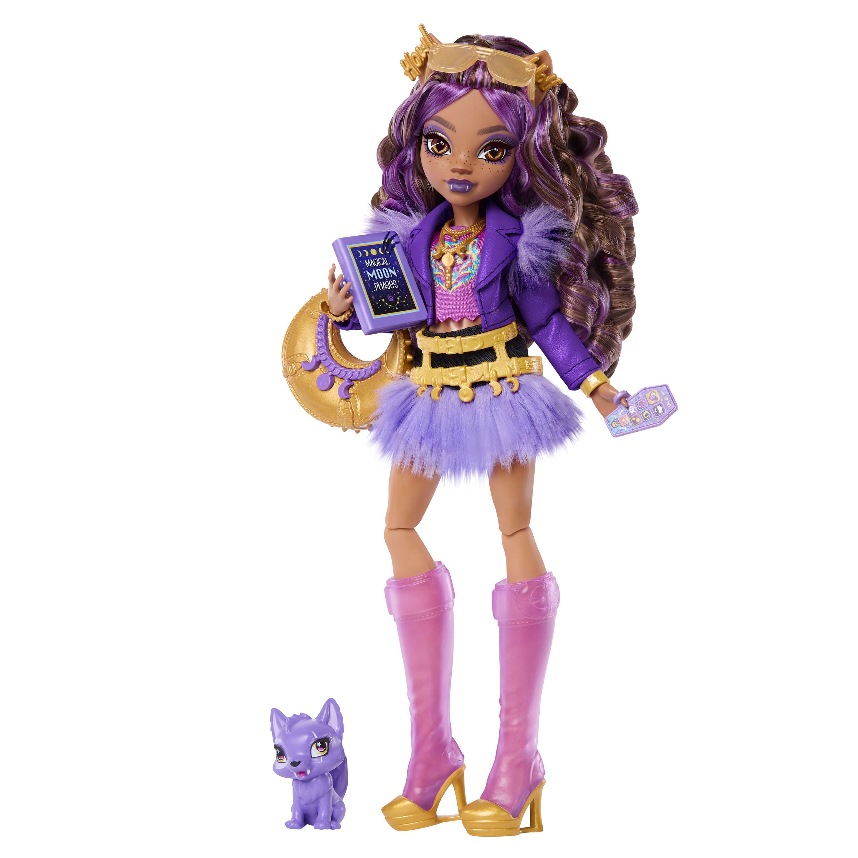 Monster High Clawdeen Wolf-Modepuppe in Pelzrock mit Tier Crescent und 7 Zubehörteilen