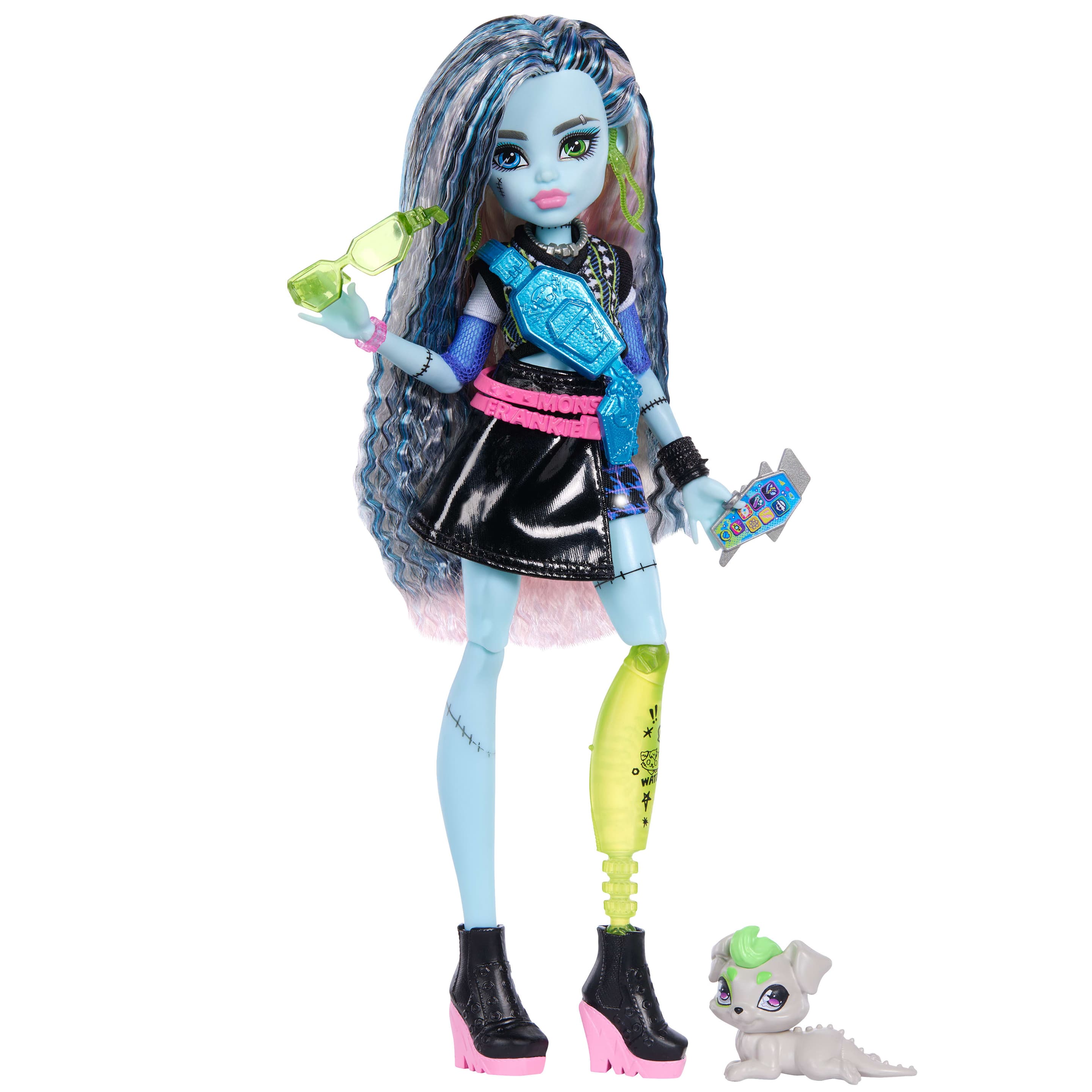 Monster High Frankie Stein-Modepuppe in schwarzem Kunstlederrock mit Tier Watzie und 7 Zubehörteilen