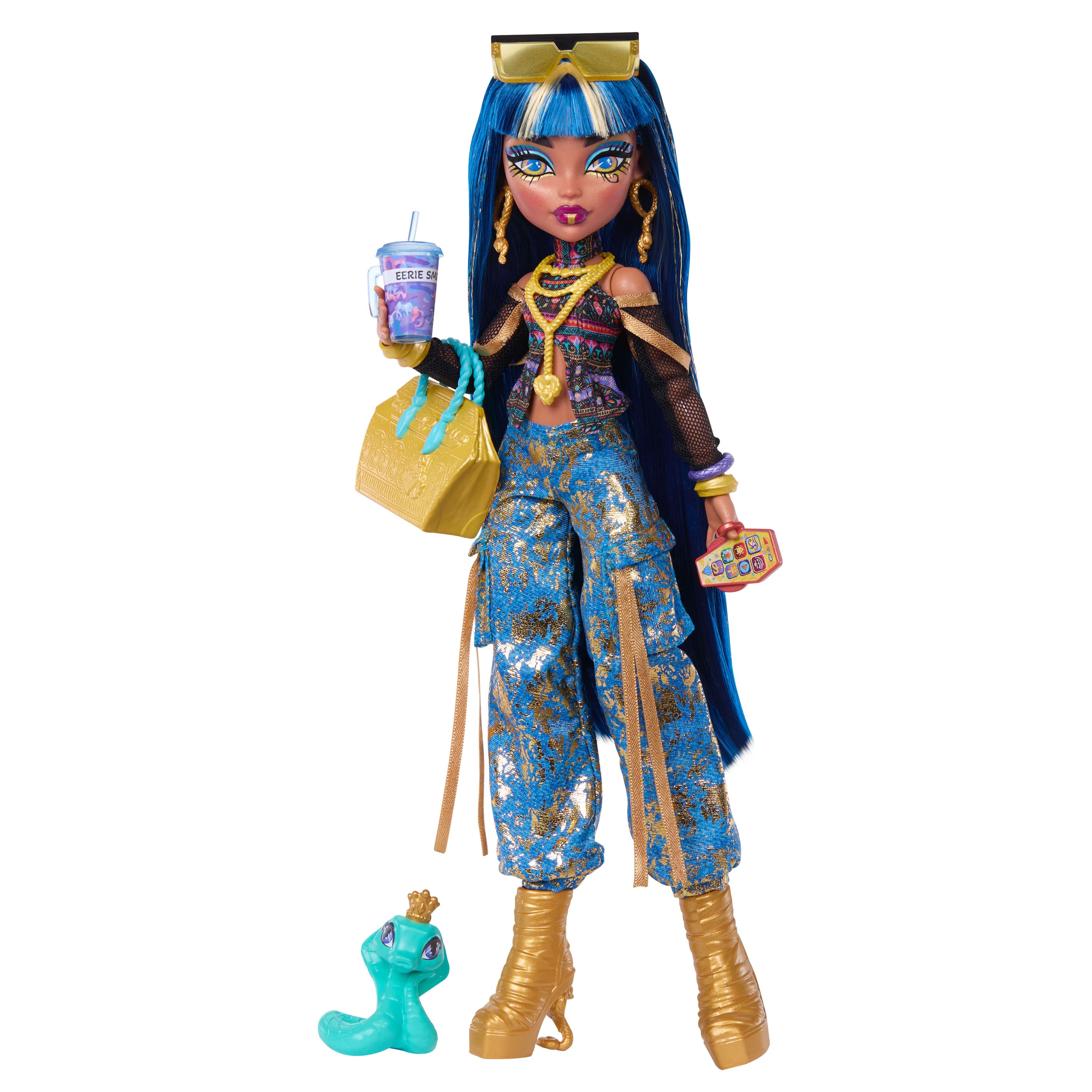 Monster High Cleo de Nile-Modepuppe in Cargohose mit Tier Hissette und 7 Zubehörteilen