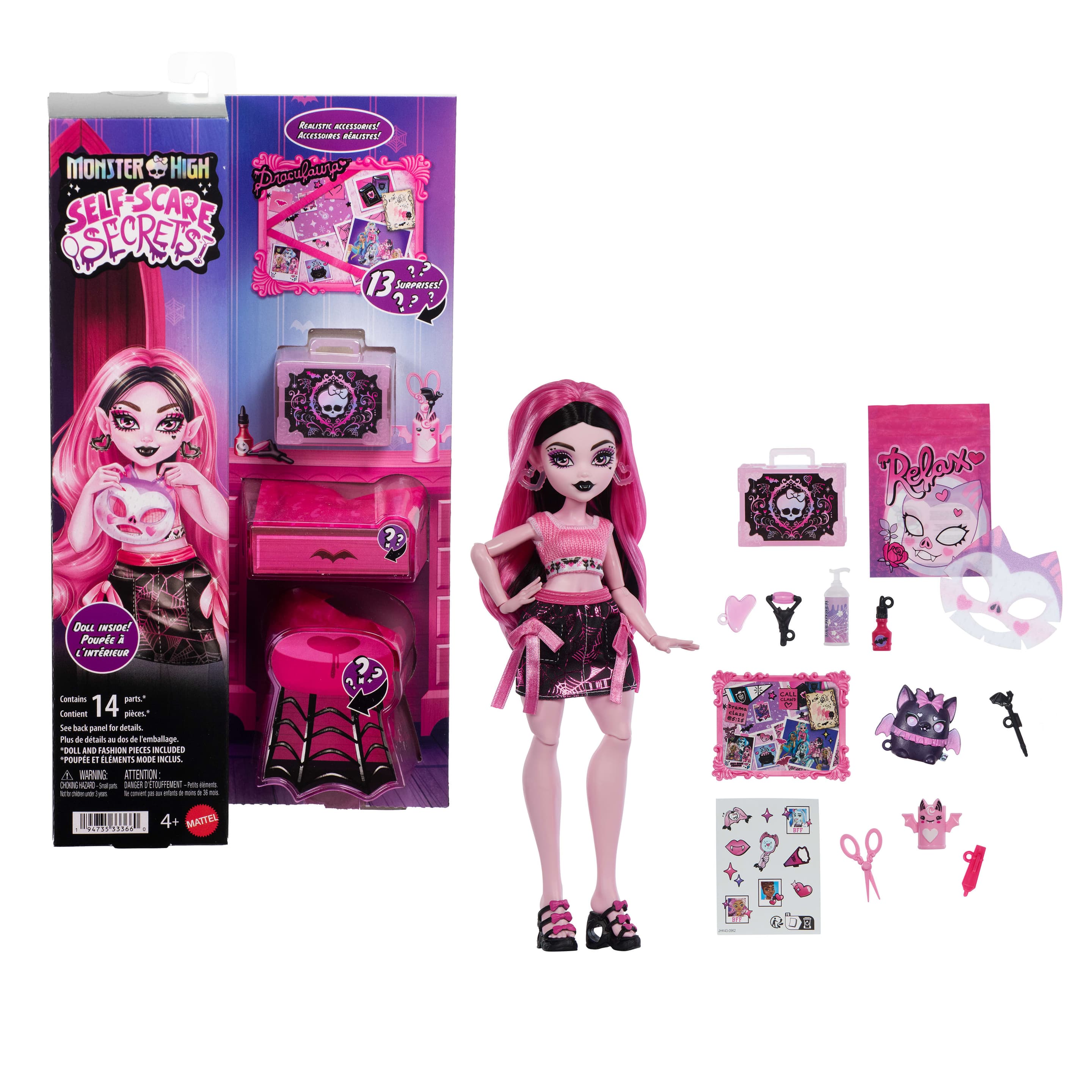 Monster High Self-Scare Secrets Draculaura-Modepuppe mit 13 realistischen Zubehörteilen
